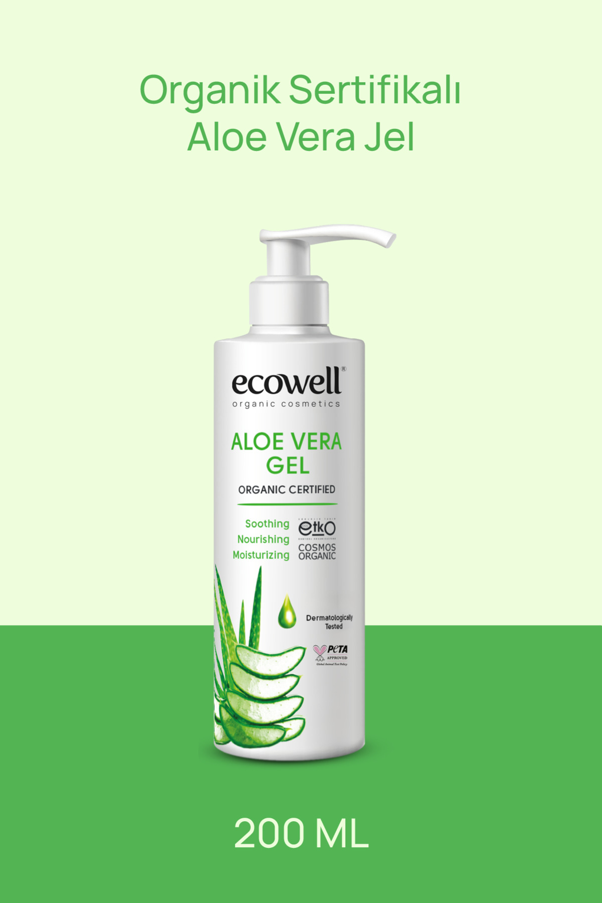 Ecowell Organik Aloe Vera Jel, Vegan Sertifikalı, Güneş Sonrası Yatıştırıcı Nemlendirici Rahatlatıcı 200ml