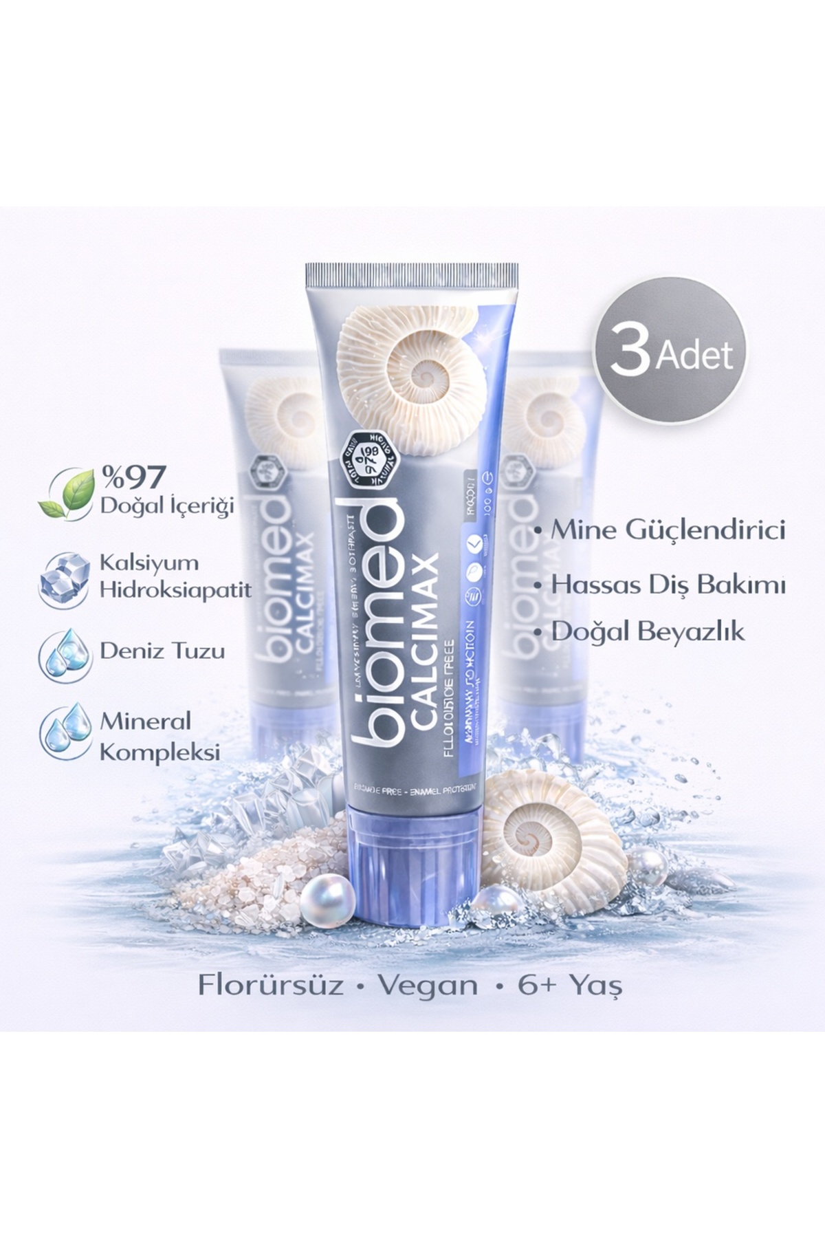 Biomed Calcimax Diş Macunu 3'lü set – Florürsüz, Mine Güçlendirici, Hassas Dişler İçin, Doğal İçerik