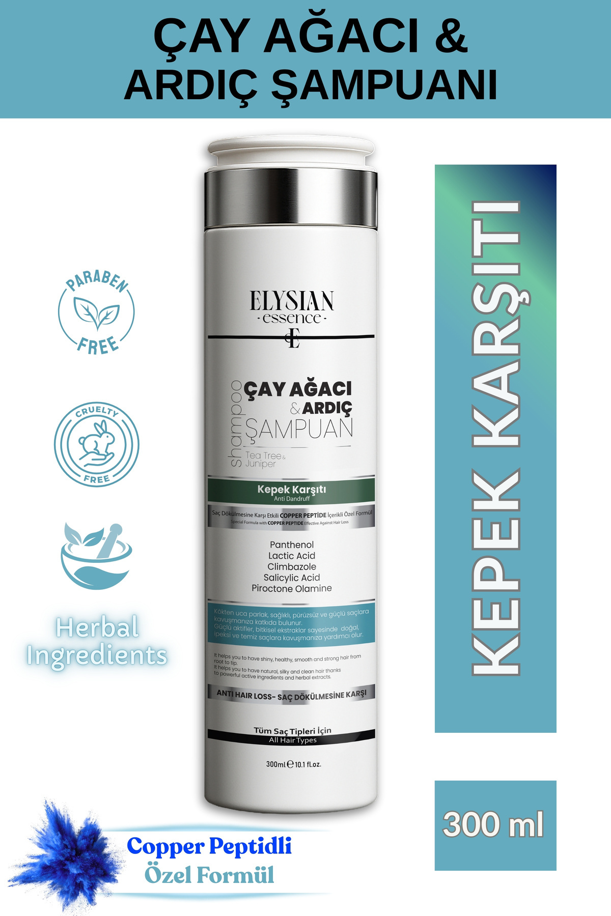 Elysian Essence Çay Ağacı & Ardıç Şampuanı | Copper Peptidli Kepek Karşıtı Saç Bakımı 300 ml