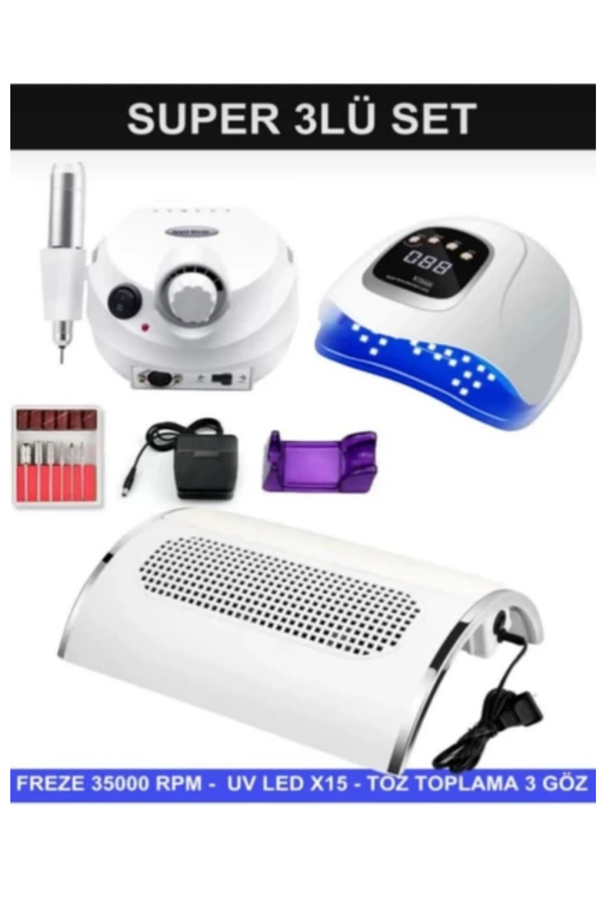 Uno Nail Protez Tırnak Kalıcı Oje Seti (Freze Makinesi + X15 Uv/led Oje Kurutucu + Toz Toplama 3 Fanlı)