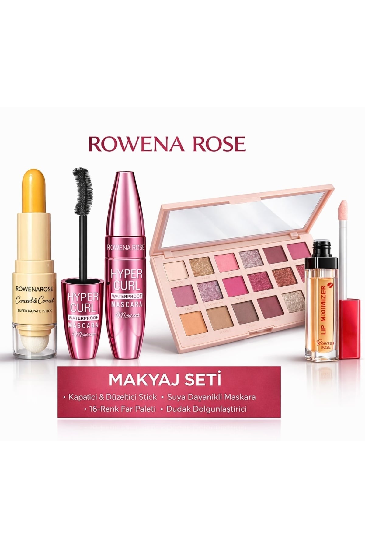 ROWENAROSE 4lü Makyaj Seti Stick Kapatıcı Maskara Dudak Dolgunlaştırcı Ve Büyük Boy Far Paleti Seti