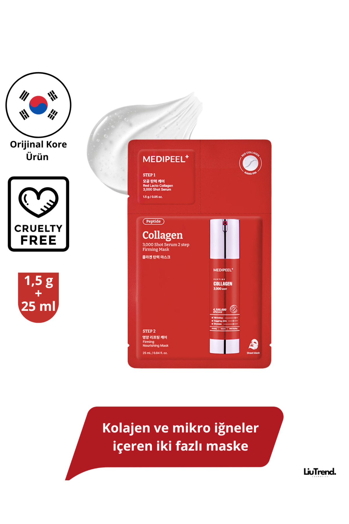 Medipeel Red Lacto Collagen 3000 Shot Serum 2 Step Mask 1,5 g + 25 ml (5 adet) Kolajen ve mikro iğneler maske