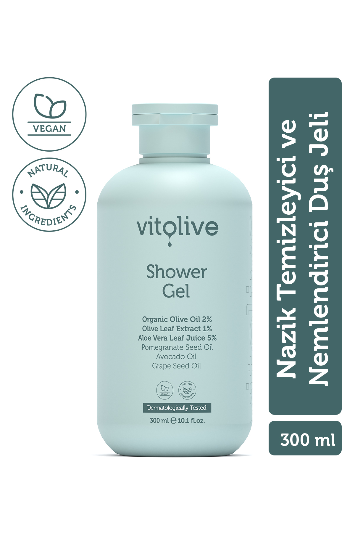 Vitolive Duş Jeli 300ml – Nazik Temizleyici Nemlendirici Dermatoloji Onaylı Vegan (%2 Organik Zeytinyağı)
