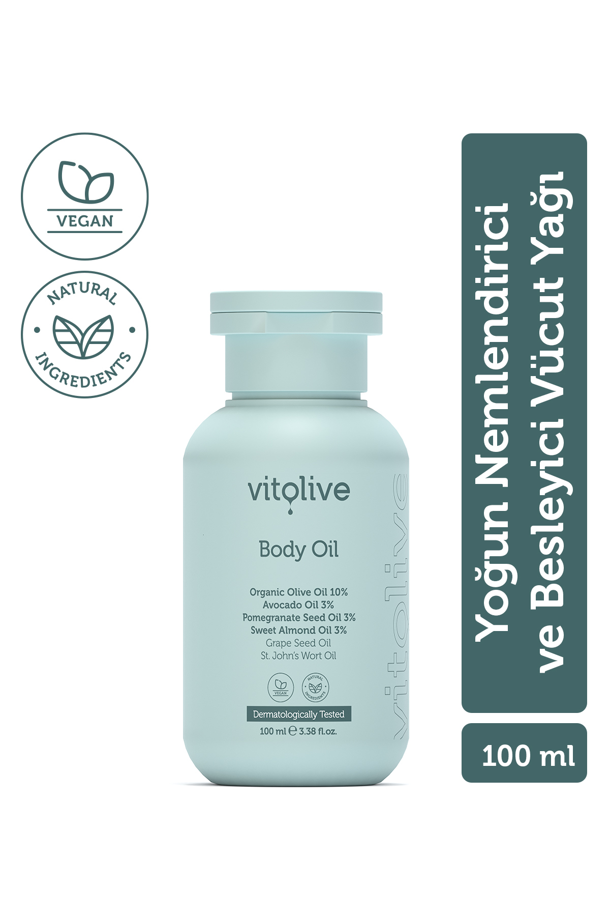 Vitolive Vücut Bakım Yağı 100ml – Hızlı Emilen Yoğun ve Uzun Süreli Nemlendirici Vegan(%10 Organic Olive Oil)