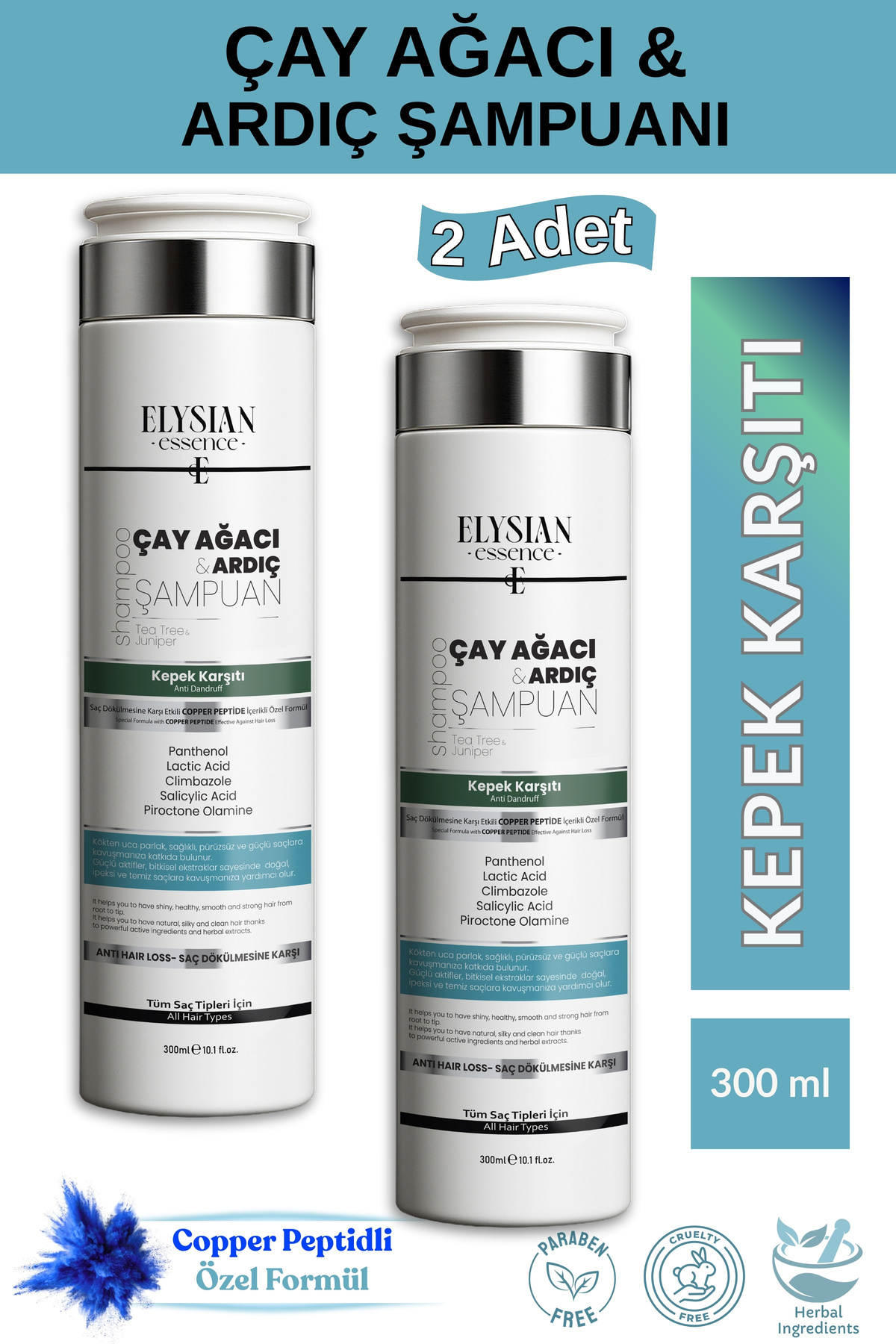 Elysian Essence Çay Ağacı & Ardıç Şampuanı 2 Adet x 300 ml | Copper Peptidli Kepek Karşıtı Saç Bakımı