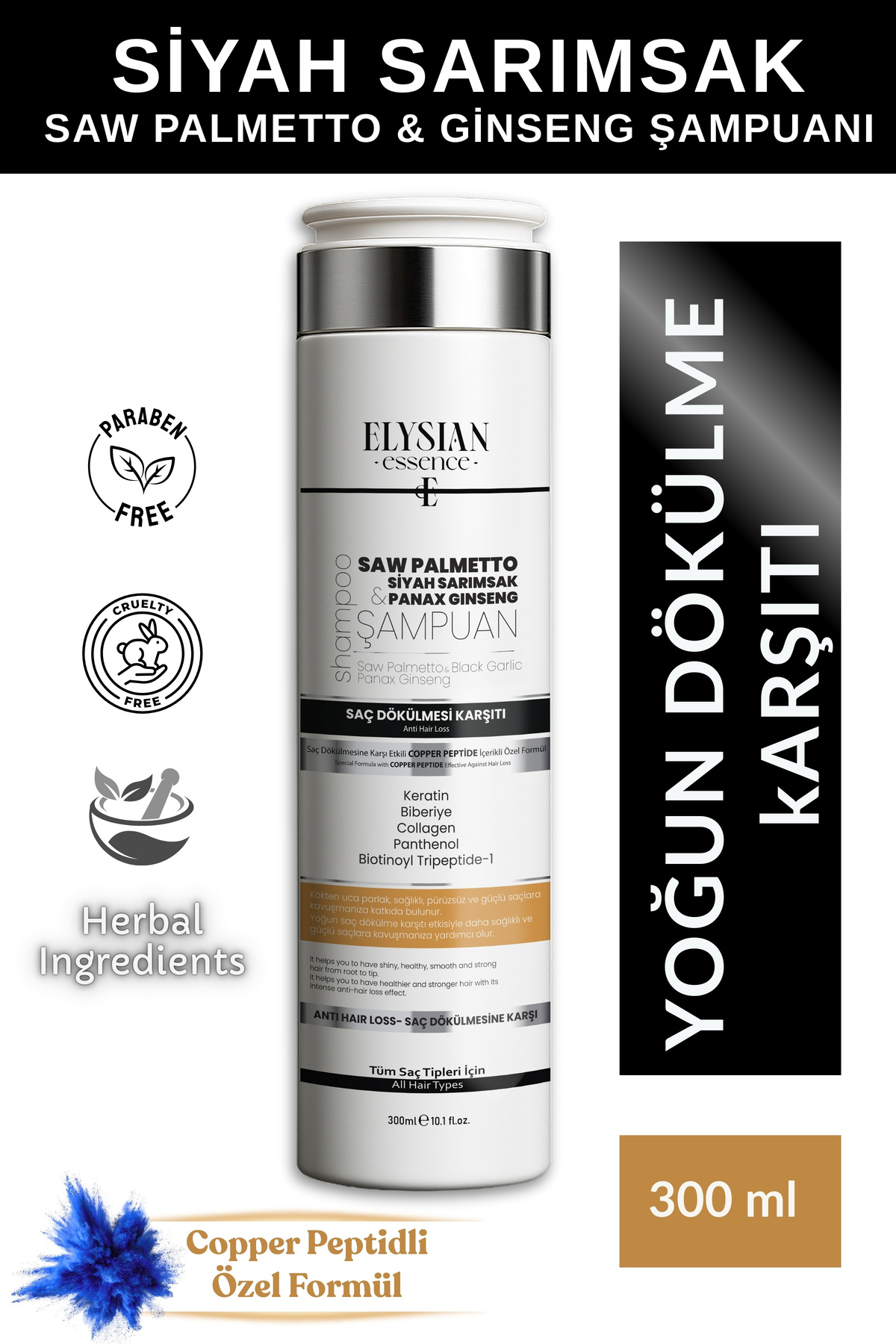 Elysian Essence Saw Palmetto & Siyah Sarımsak & Ginseng Şampuanı | Copper Peptidli Saç Dökülmesine Karşı Bakım 300ml