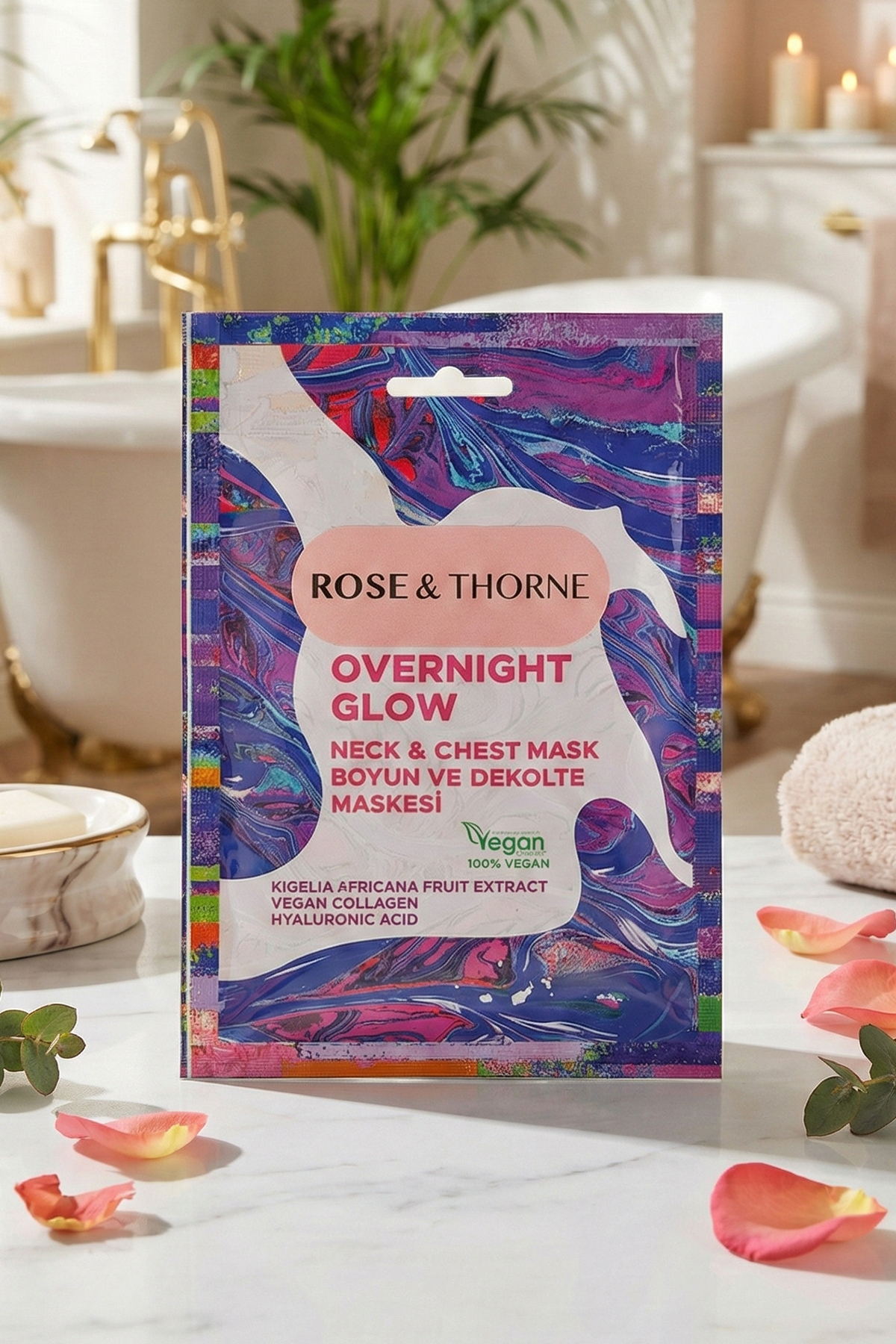 ROSE & THORNE Boyun Ve Dekolte Maskesi, Yaşlanma Önleyici, Gençleştirici, Doğal Nemlendirici %100 Vegan Krem Jel