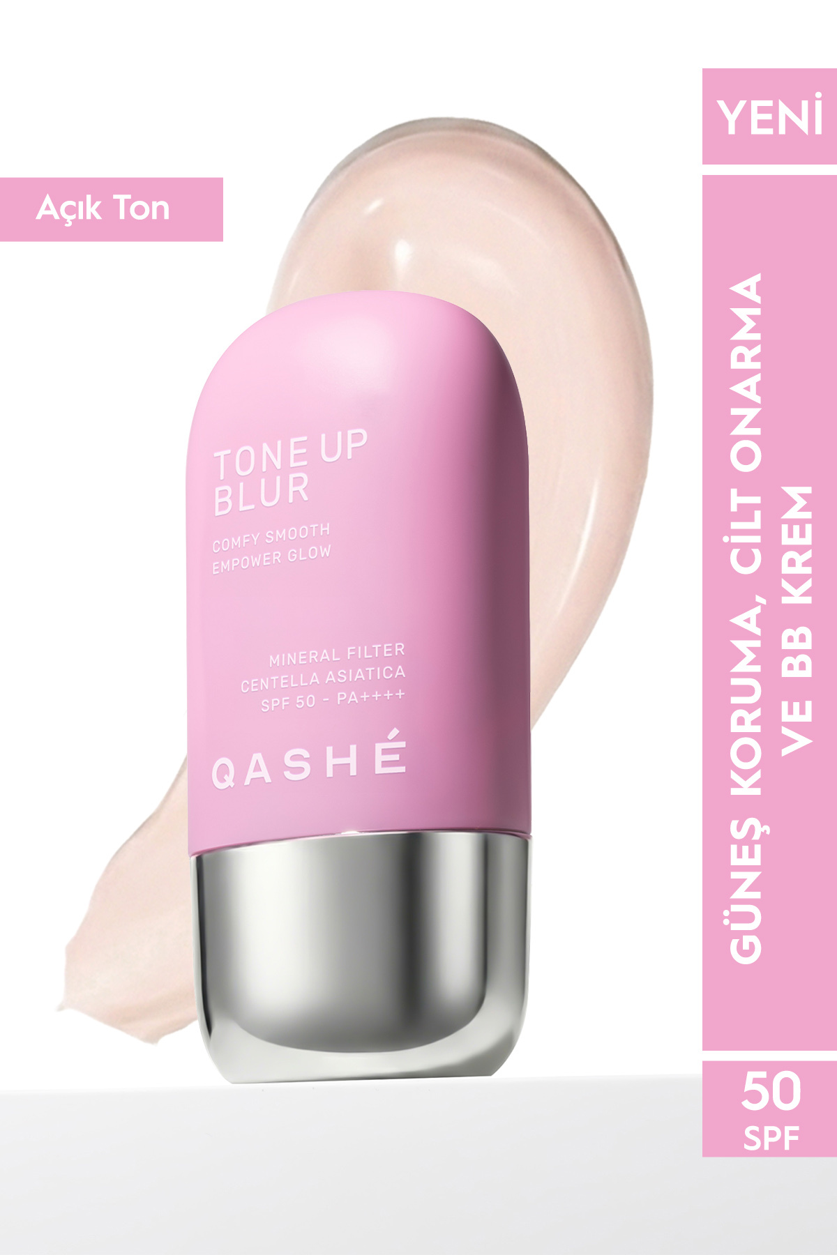 QASHE Cosmetic Tone Up Blur BB Krem Light Renkli & Pürüzsüzleştirici SPF 50+ PA++++ Mineral Filtreli, 50 Ml