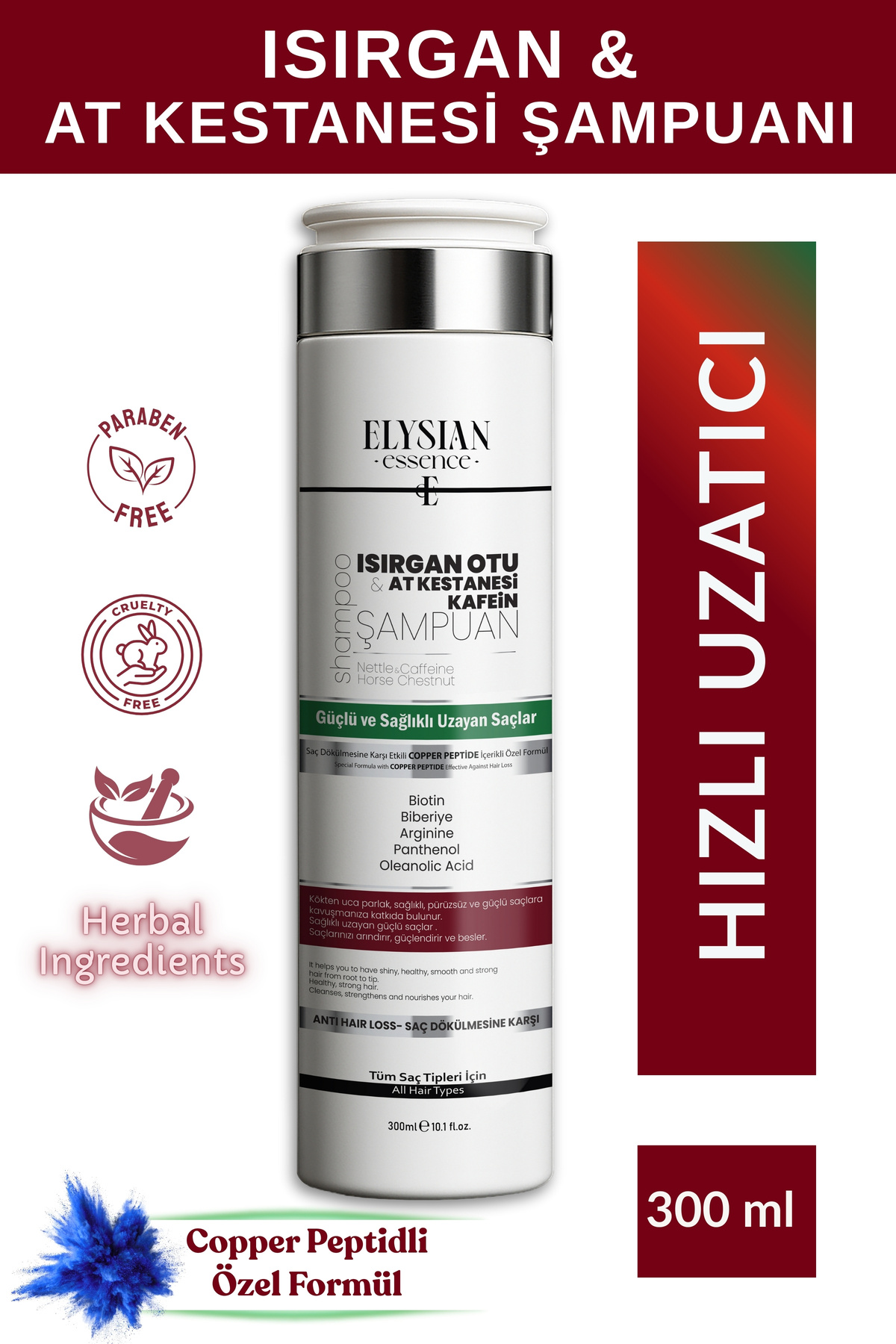 Elysian Essence Isırgan Otu & At Kestanesi & Kafein Şampuanı | Copper Peptidli Hızlı Saç Uzatma Uzatan Etkili 300 ml