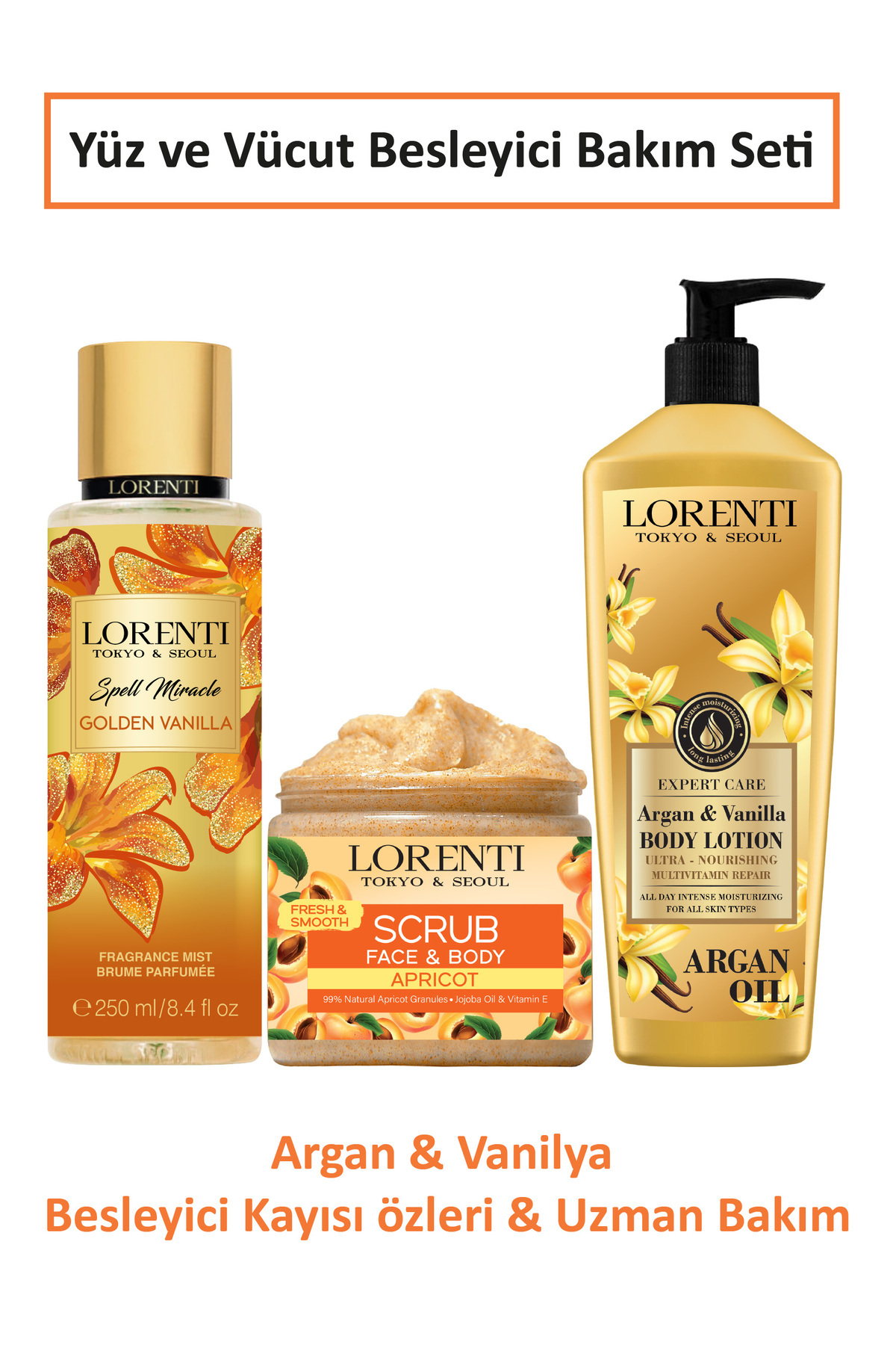 LORENTİ Argan & Vanilya Yüz ve Vücut Besleyici Bakım Seti – Peeling + Vücut Losyonu + Vücut Spreyi Body Mist