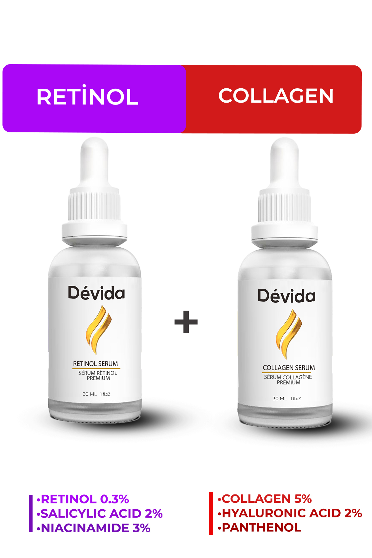 Devida Retinol + Kolajen Serum 2 li Set Kırışıklık Alın Çizgisi Göz Çevresi ve Kaz Ayağı