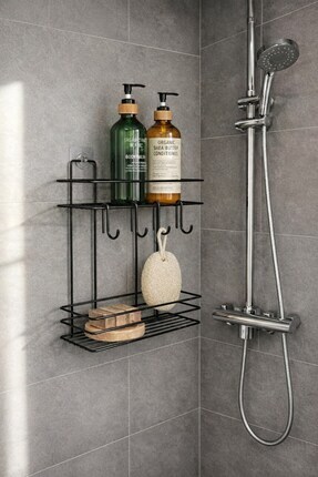 Sas HausLüks Siyah Metal 2 Katlı Banyo Rafı Şampuanlık Ve Duş Rafı Askılı Yapışkanlı Duvara Monte TŞ-02