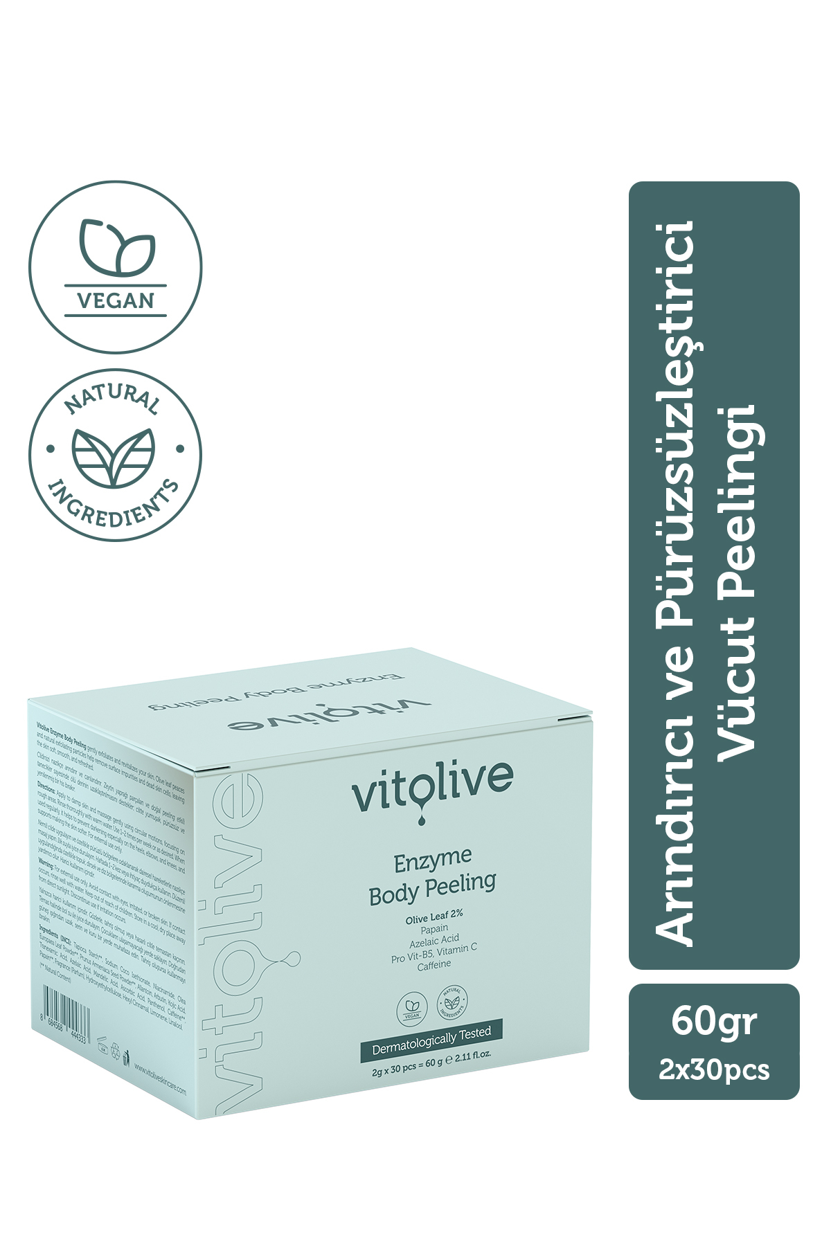 Vitolive Vücut Peelingi 60g – Enzim ve Asit Destekli Nazik Arındırıcı Pürüzsüzleştirici Vegan (30 x 2g)