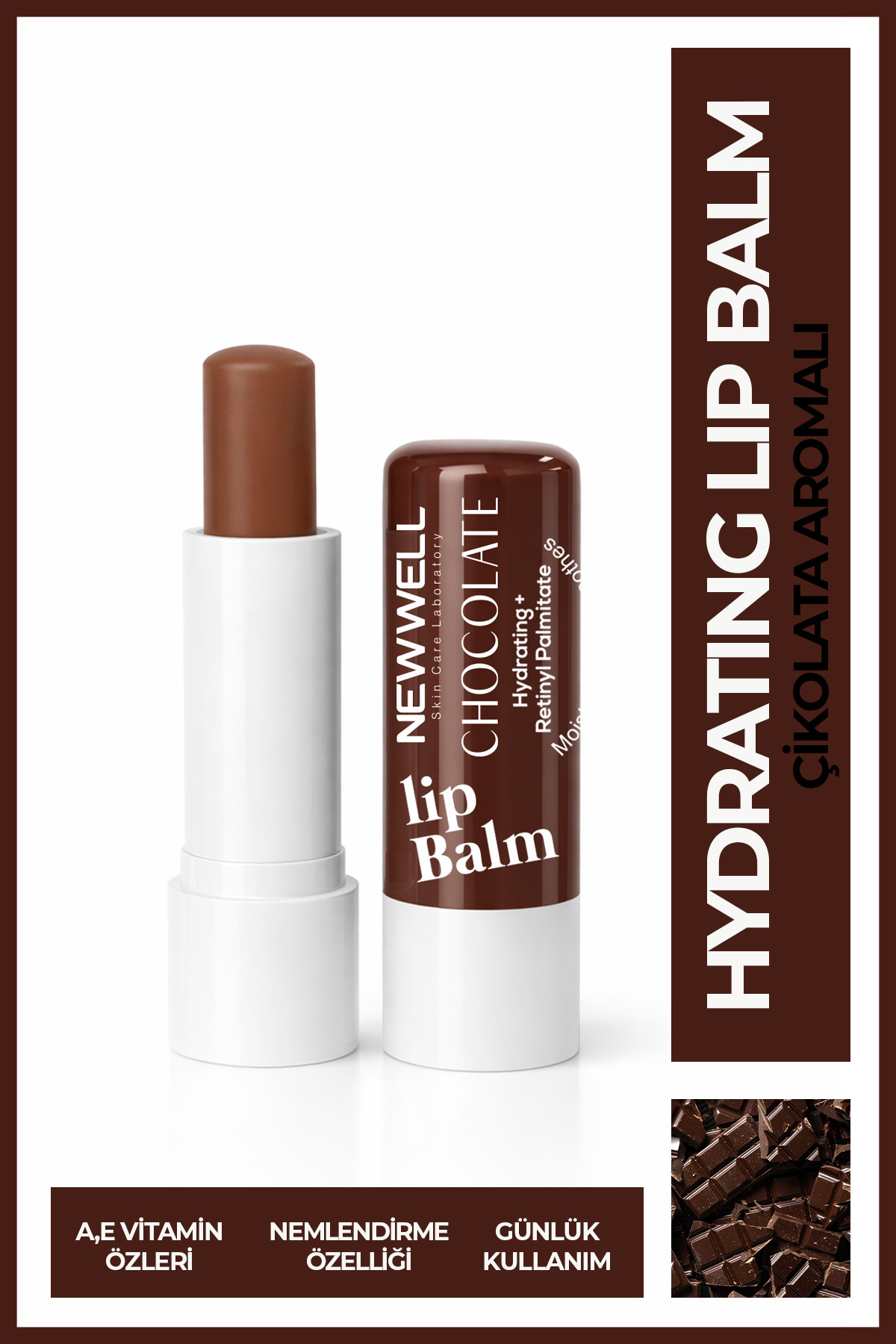 New Well Chocolate Hydrating Lip Balm – Çikolata Aromalı Nemlendirici Dudak Bakım Kremi 4 gr