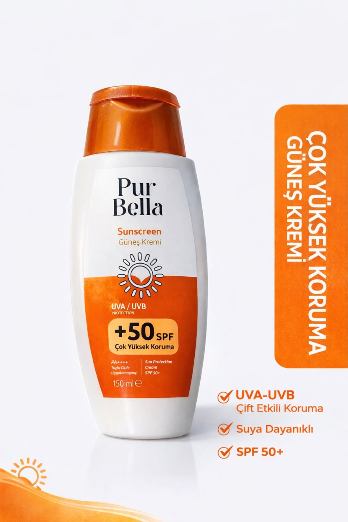 PUR BELLA SPF 50+ Güneş Kremi 150 ml Yüz ve Vücut UVA UVB PA++++ Suya Dayanıklı Güneş Koruyucu