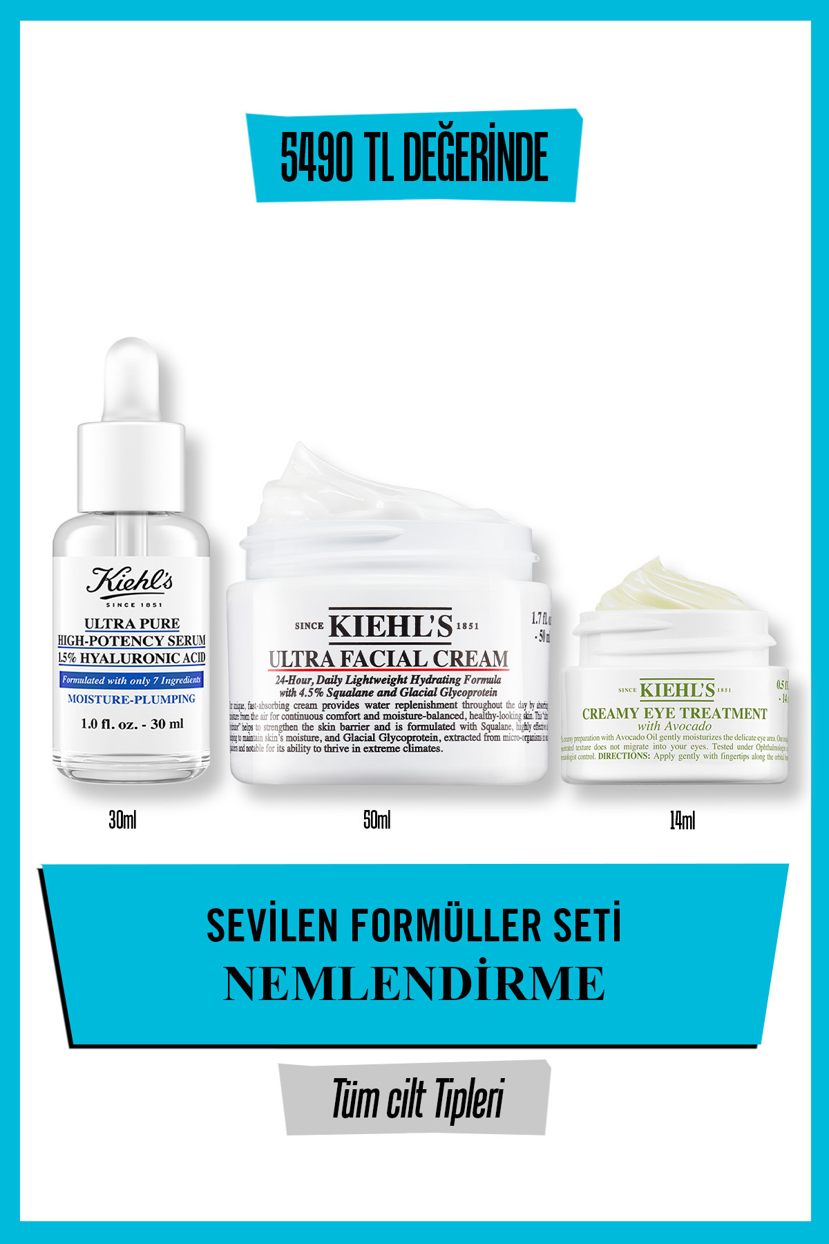 Kiehl's Cildi Yoğun Ultra Facial Nemlendirici, Avokado Göz Kremi, ve Ultra Pure Hıgh Serum Set
