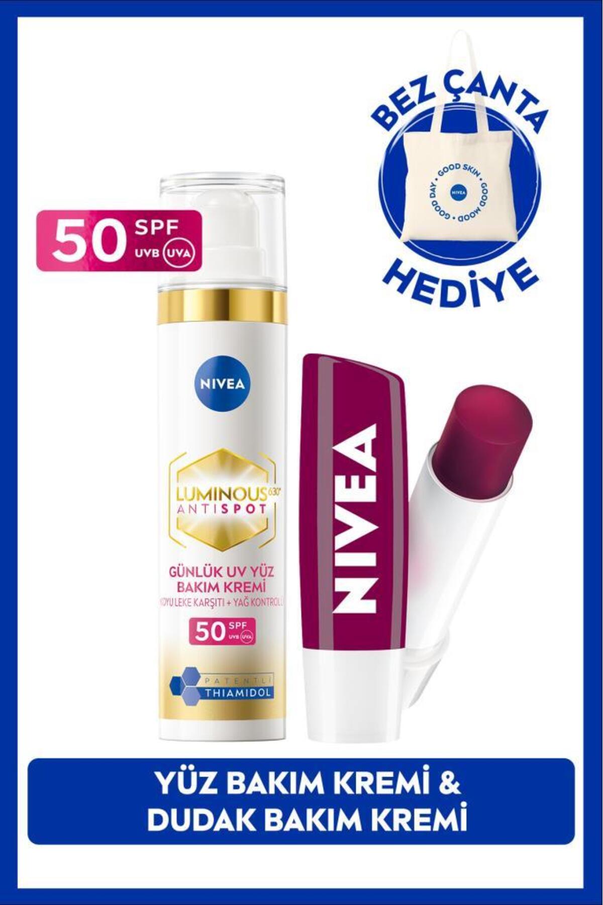NIVEA SPF50 Luminous630 Thiamidol Leke Karşıtı Gündüz Kremi 40ml ve Böğürtlen Dudak Kremi, Çanta Hediye