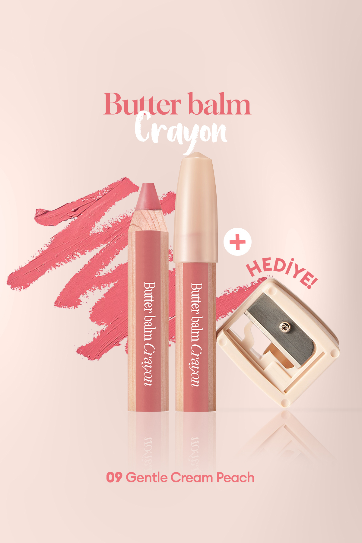 CLIO Kremsi,Kalem Şeklinde Renkli Dudak Balmı & Kalemtıraş CLIO Butter Balm Crayon 009 Gentle Cream Peach
