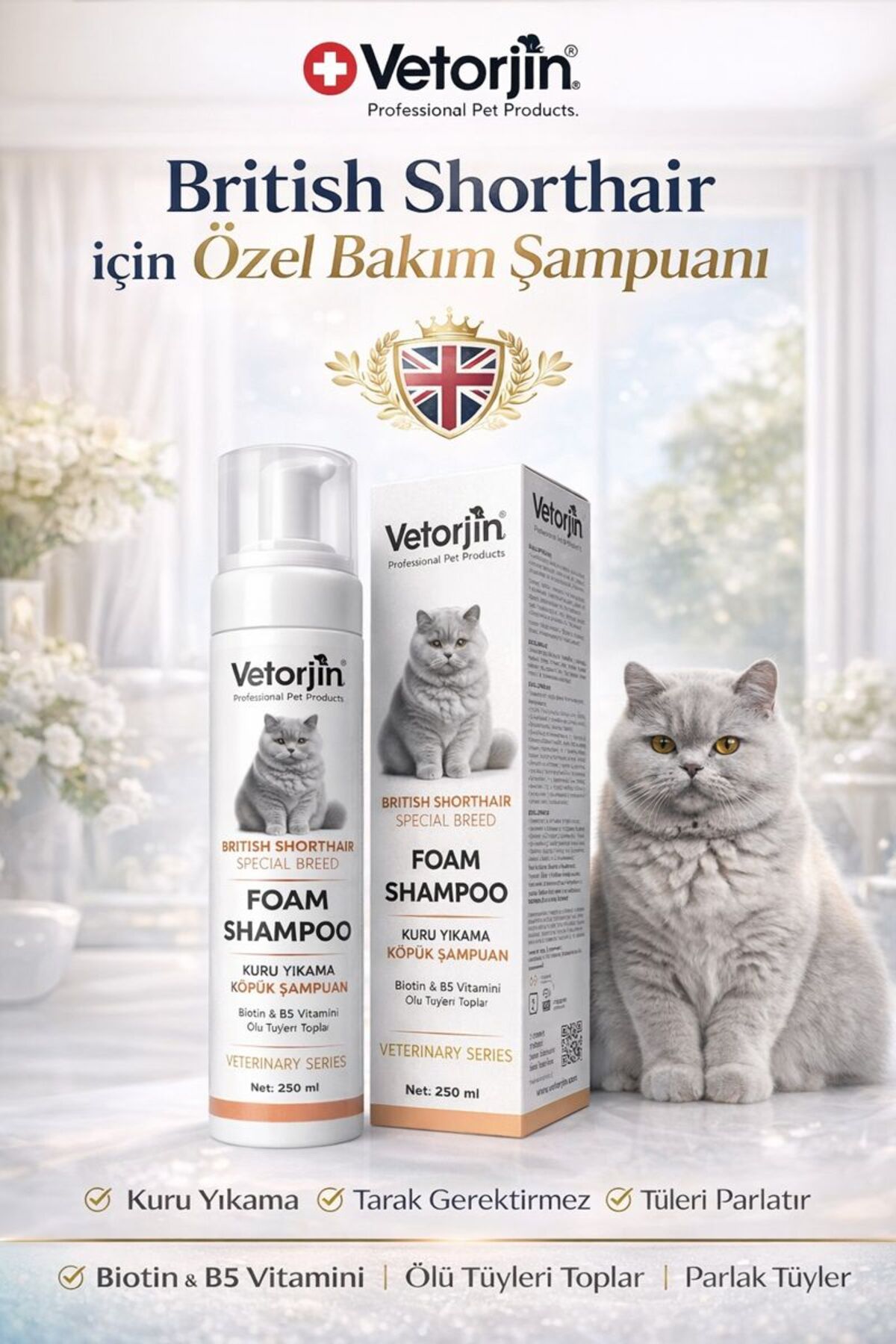 Vetorjin British Kediler İçin Kuru Köpük Şampuan 250 ml