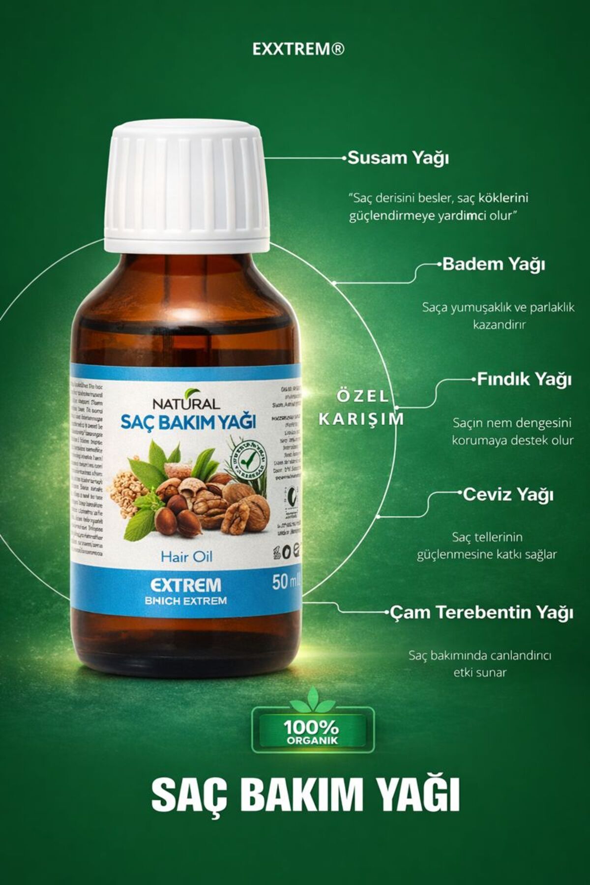 Natural Doğal Saç Bakım Yağı - Yıpranmış ve Kuru Saçlar İçin Onarıcı ve Parlaklık Verici 50 ml