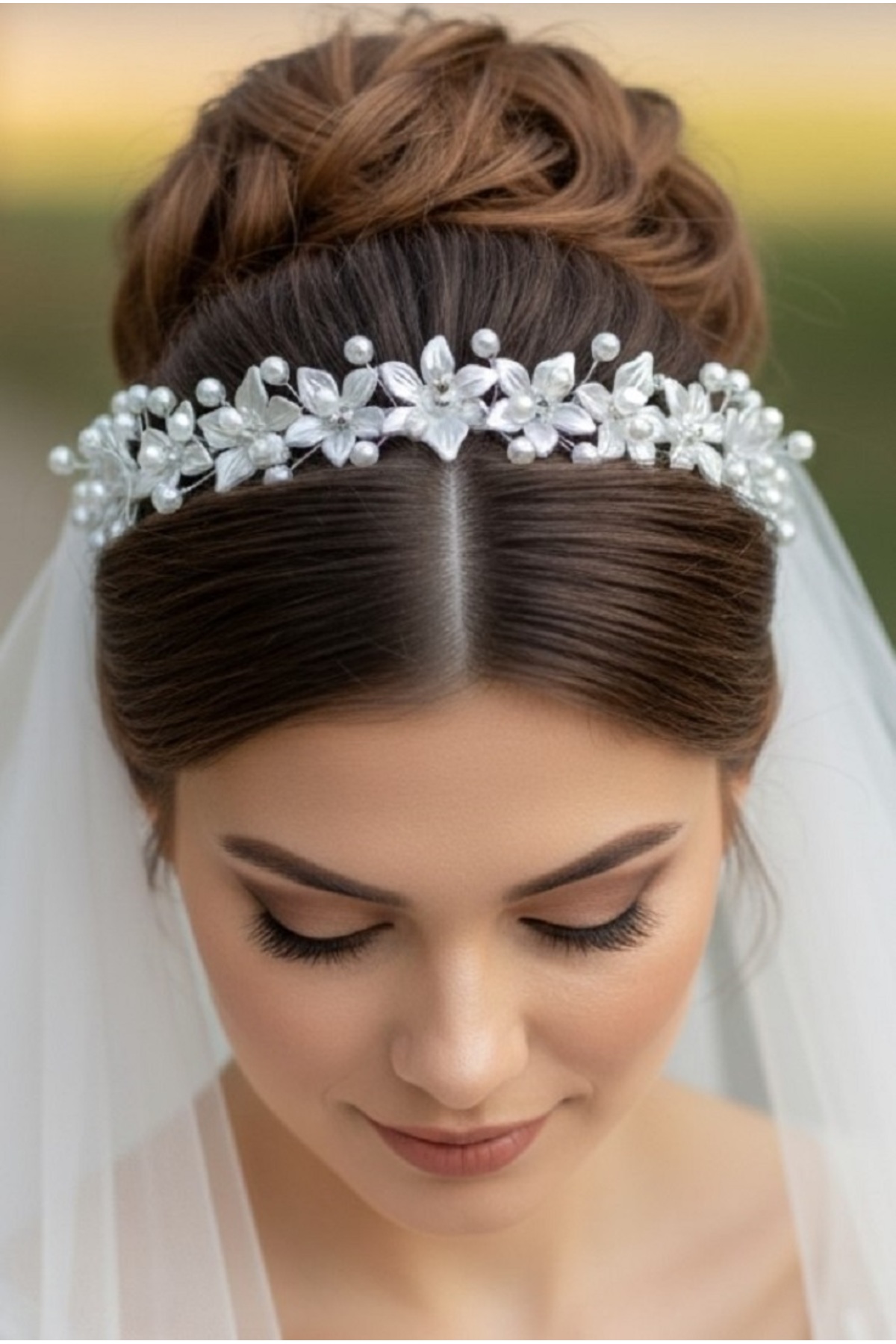Tugiba Çiçekli İncili Gelin Aksesuarı, Nikah, Nişan Saç Aksesuarı, Tokası ve Gelin Tacı (Özel Günler)