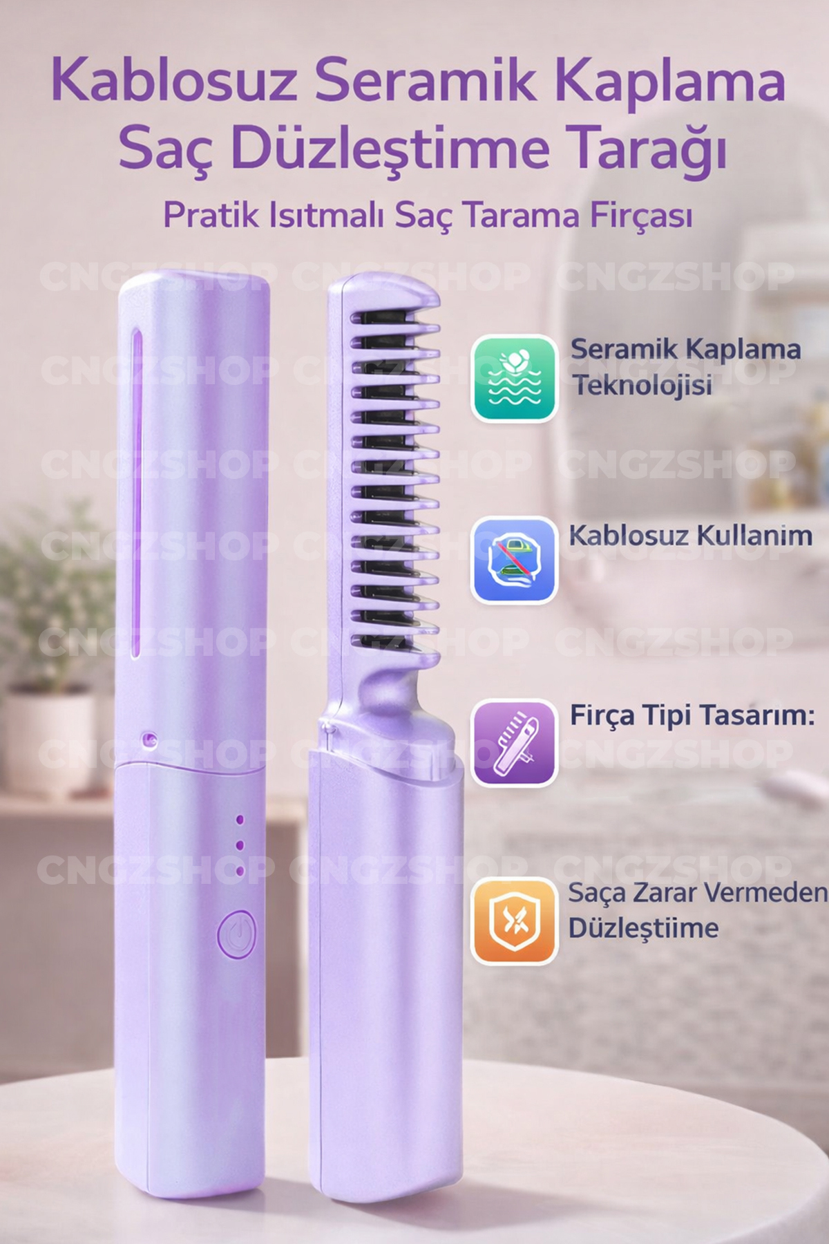 CNGZSHOP Kablosuz Seramik Kaplama Saç Düzleştirme Tarağı