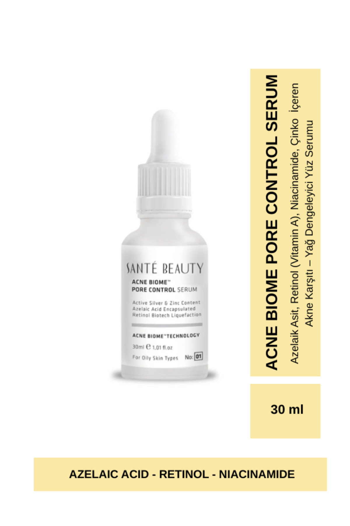 SANTE BEAUTY Siyah Nokta Ve Akne Gidermeye Yardımcı %1 Kaplı Retinol Içerikli Acne Bıome Control Serum 30 Ml