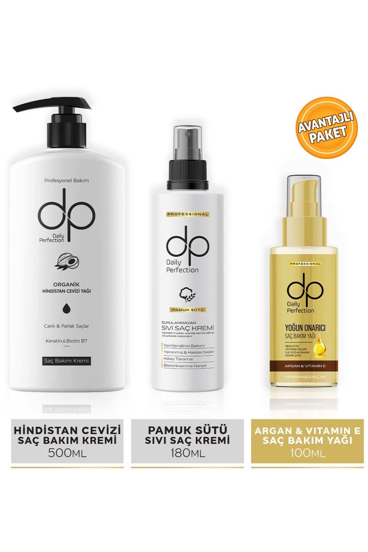 dp Daily Perfection Saç Bakım Seti Hindistan Cevizi Saç Kremi 500 ml & Pamuk Sütü Sıvı Krem 180 ml & Argan Yağı 100 ml