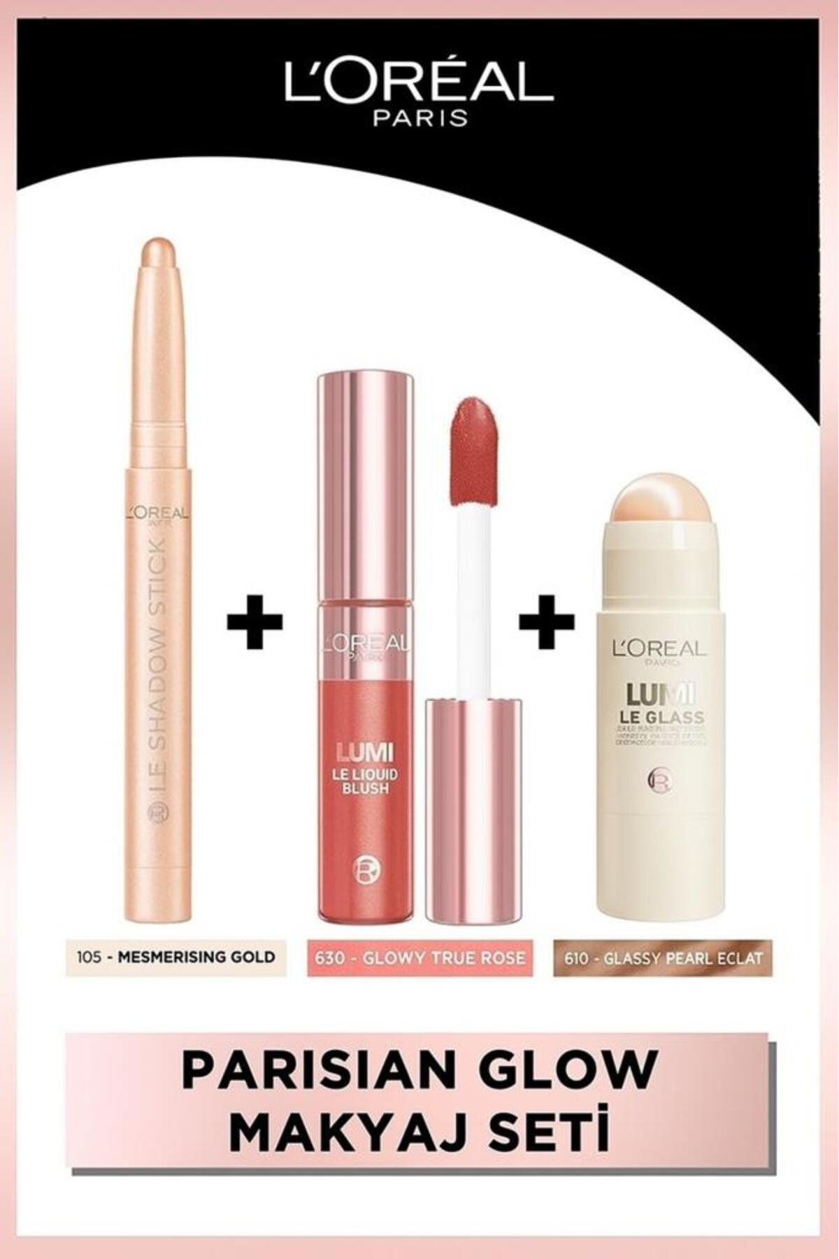 L'Oreal Paris Parisian Glow Makyaj Seti Le Shadow Stick Göz Farı + Lumi Blush Allık 630+Lumi Glass Highlighter 610