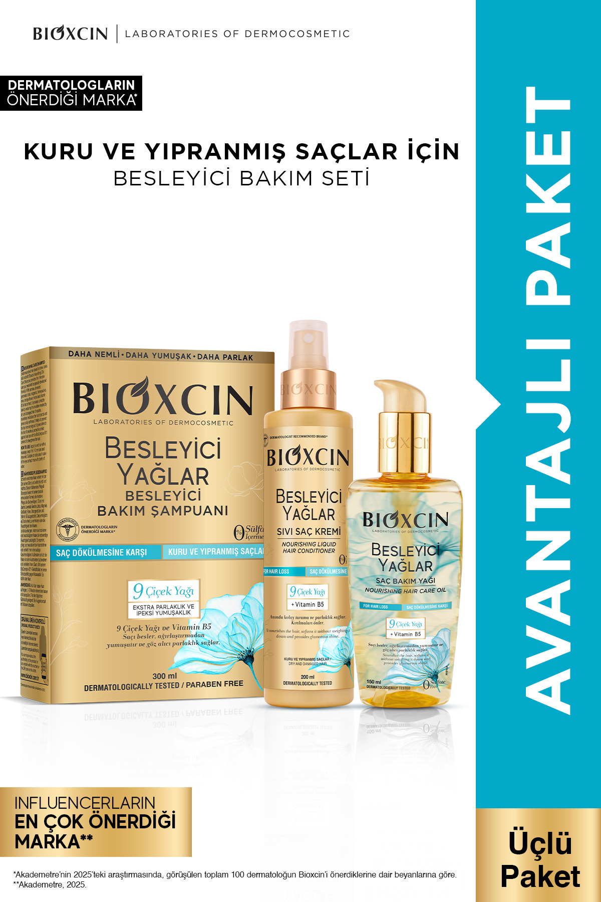 Bioxcin Besleyici Yağlar Onarıcı Şampuan 300ml + Saç Bakım Yağı 150ml + Sıvı Saç Kremi 200ml Seti