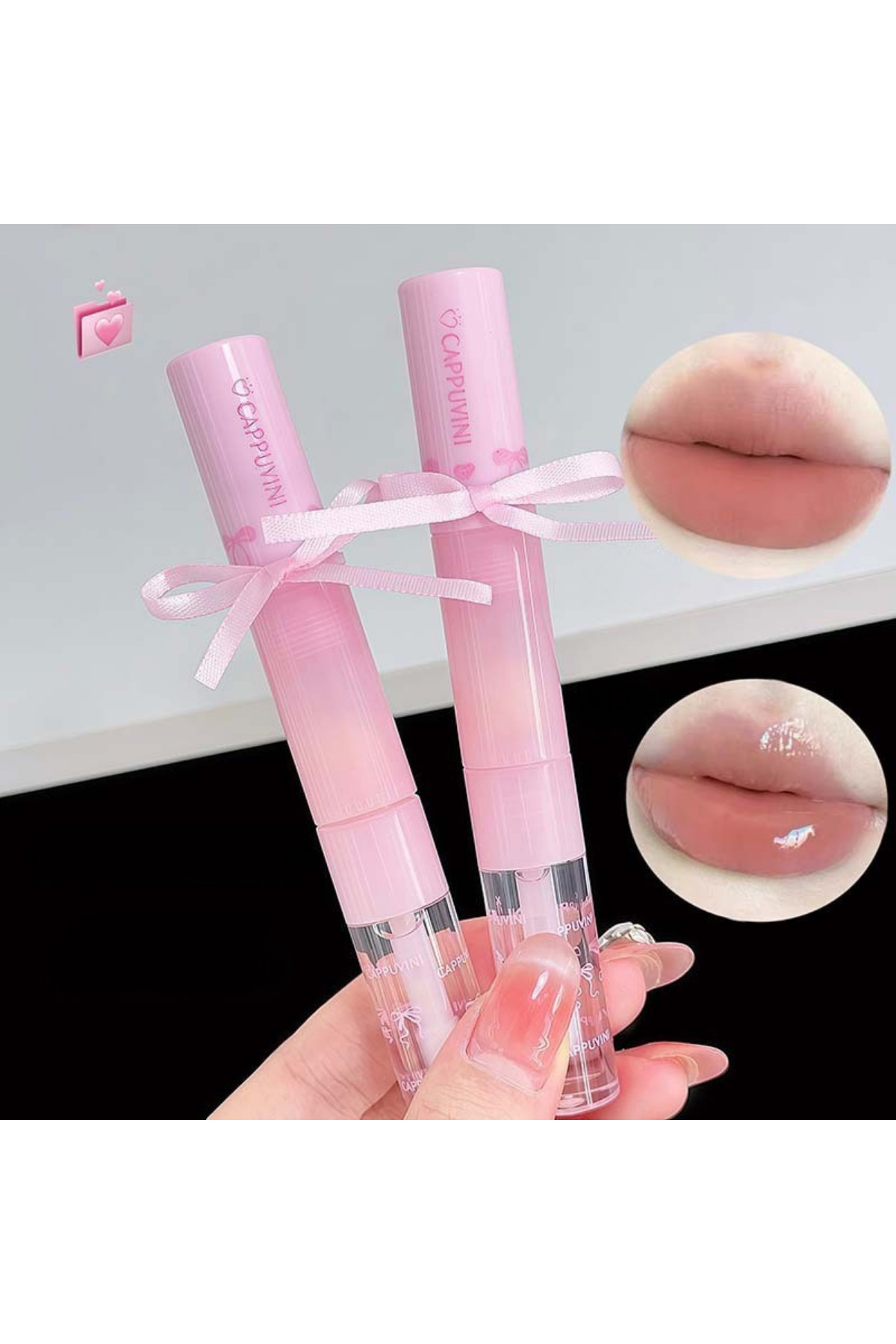 cappuvini Fiyonk Detaylı 3’ü 1 Arada Dudak Tinti, Şeffaf Parlatıcılı Fırçalı Lip Gloss