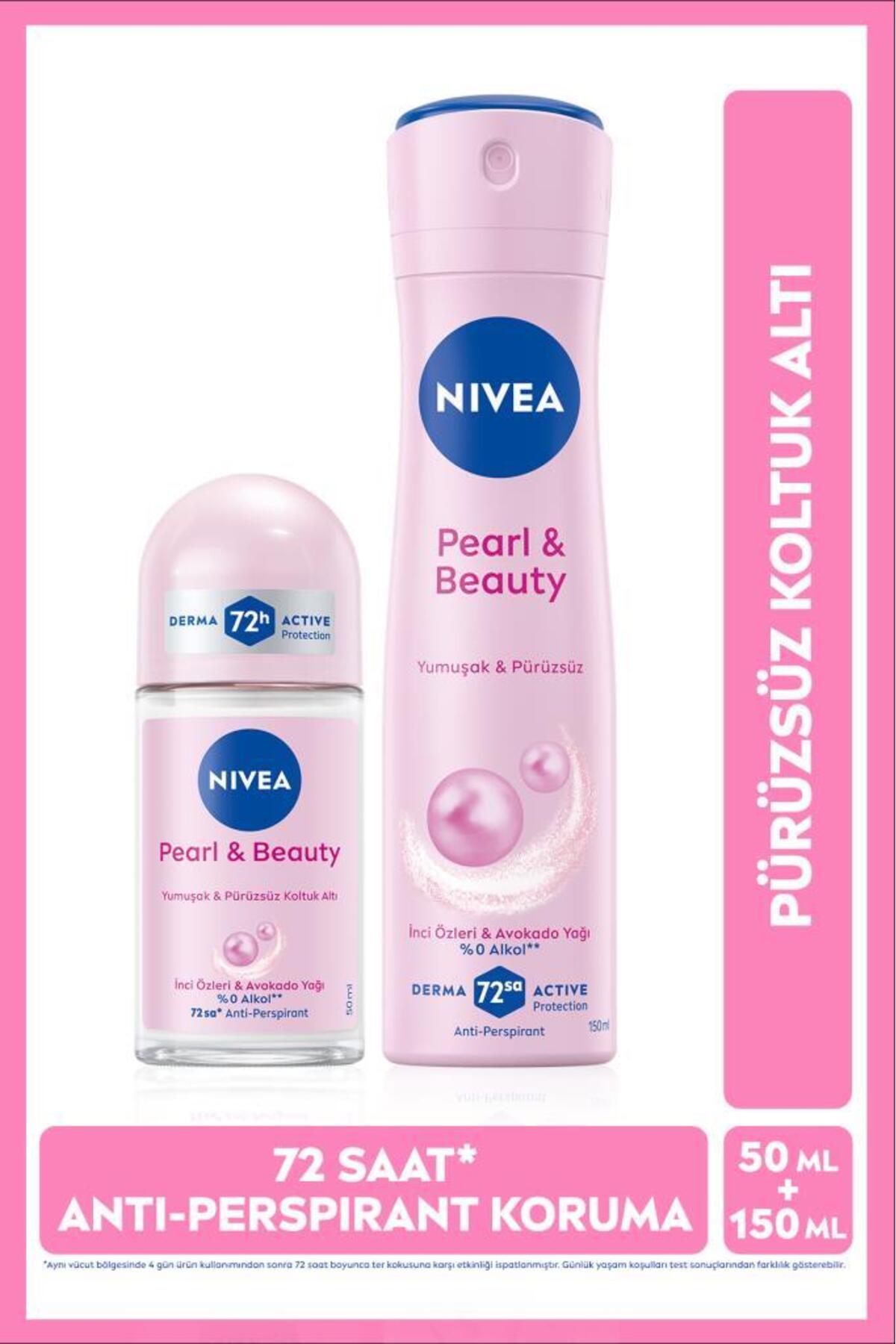 NIVEA Kadın Sprey Deodorant Pearl&Beauty 150 ml ve Roll on 50 ml,72 Saat Terlemeye Karşı Koruma,Alkolsüz
