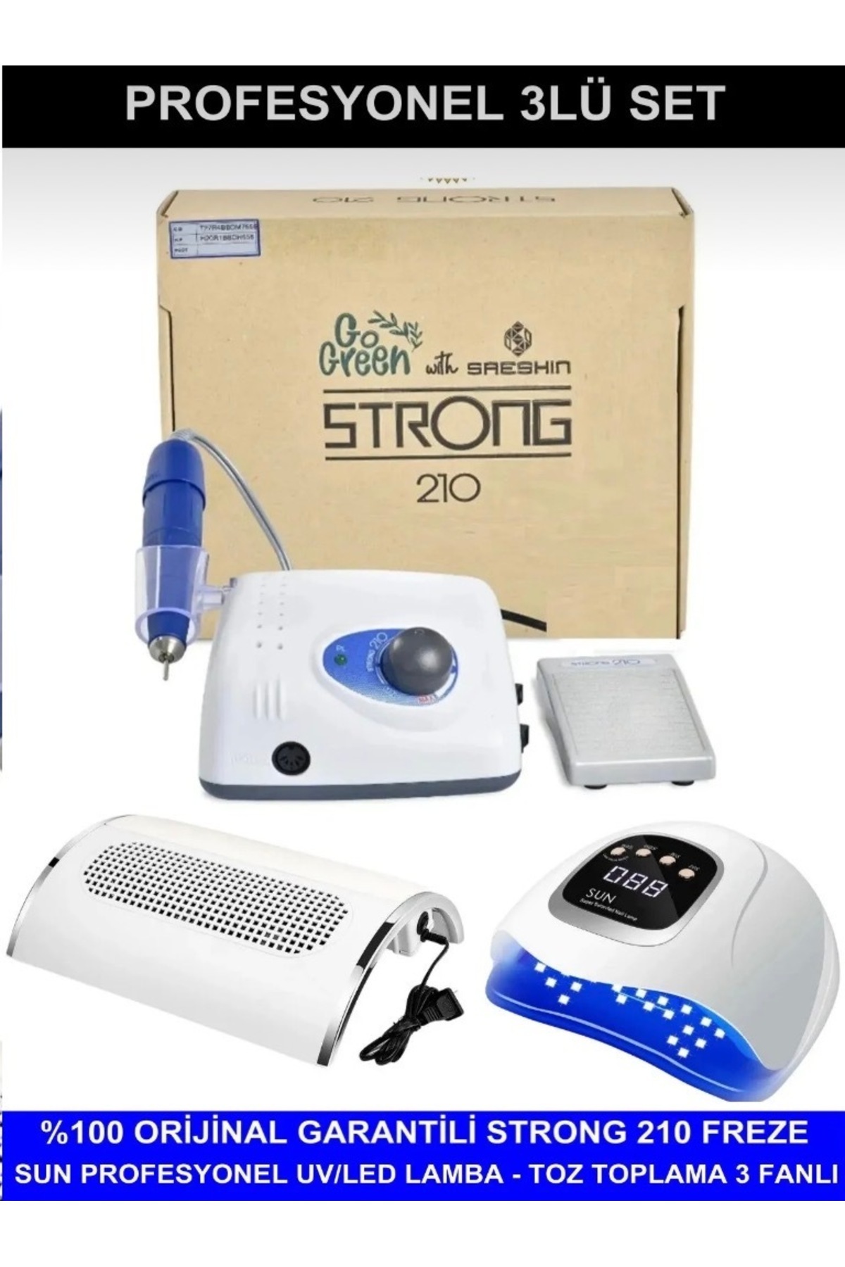 QNAİL PROFESSİONAL Protez Tırnak Kalıcı Oje Seti (Strong 210 Freze Makinesi + UV Led Kurutucu + Toz Toplama)