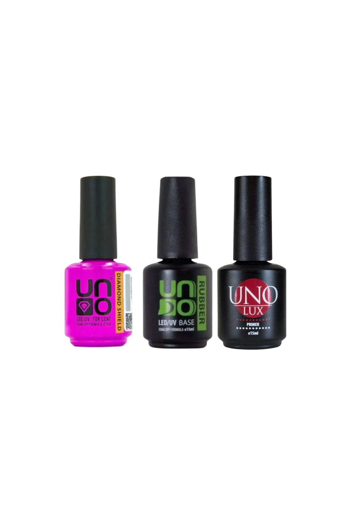 QNAİL PROFESSİONAL Uno Lux Primer Bond 15Ml Asitsiz Primer+ Uno Dıamond Shıeld Coat 15Ml+Uno Rubber Base