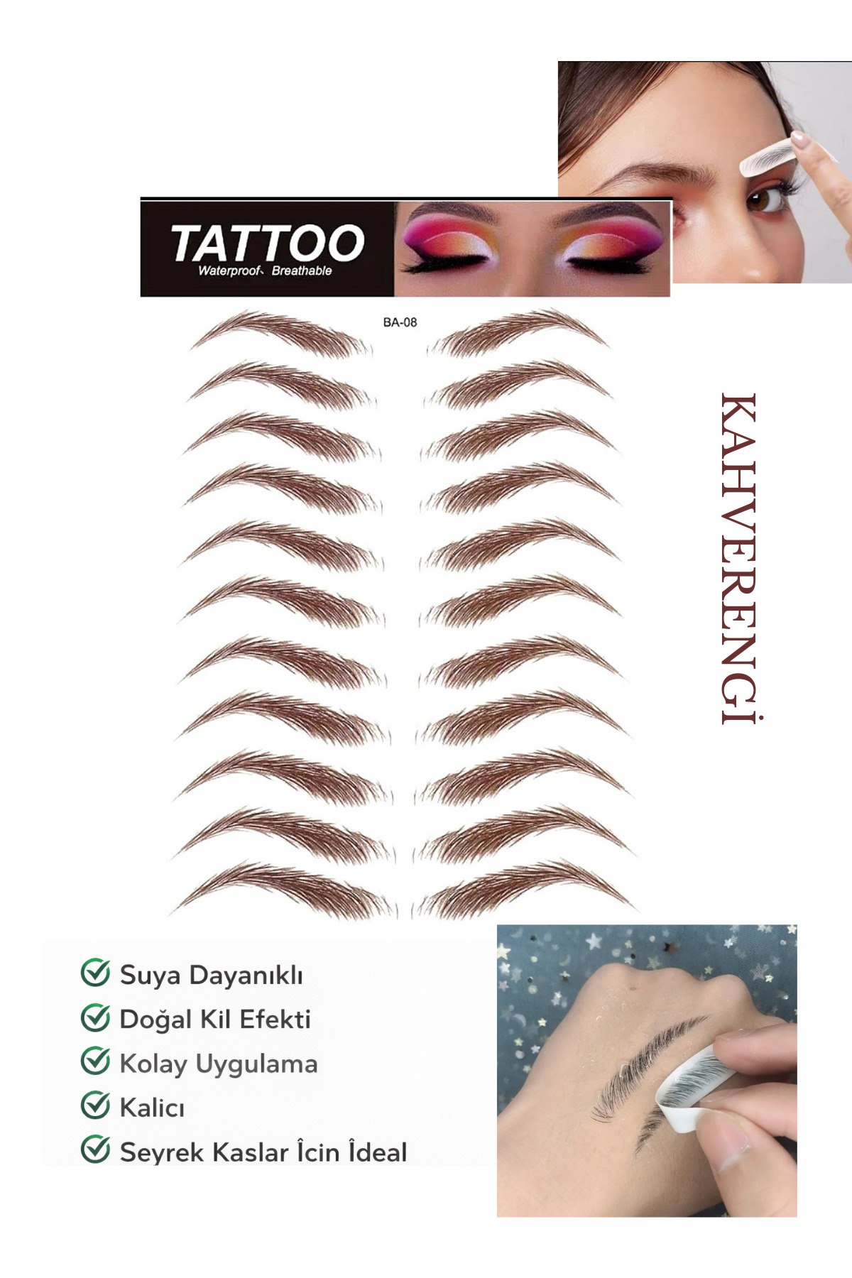 Lesvip's Suya Dayanıklı Kaş Dövme Sticker Doğal Görünümlü Kaş Tattoo Kahverengi 08