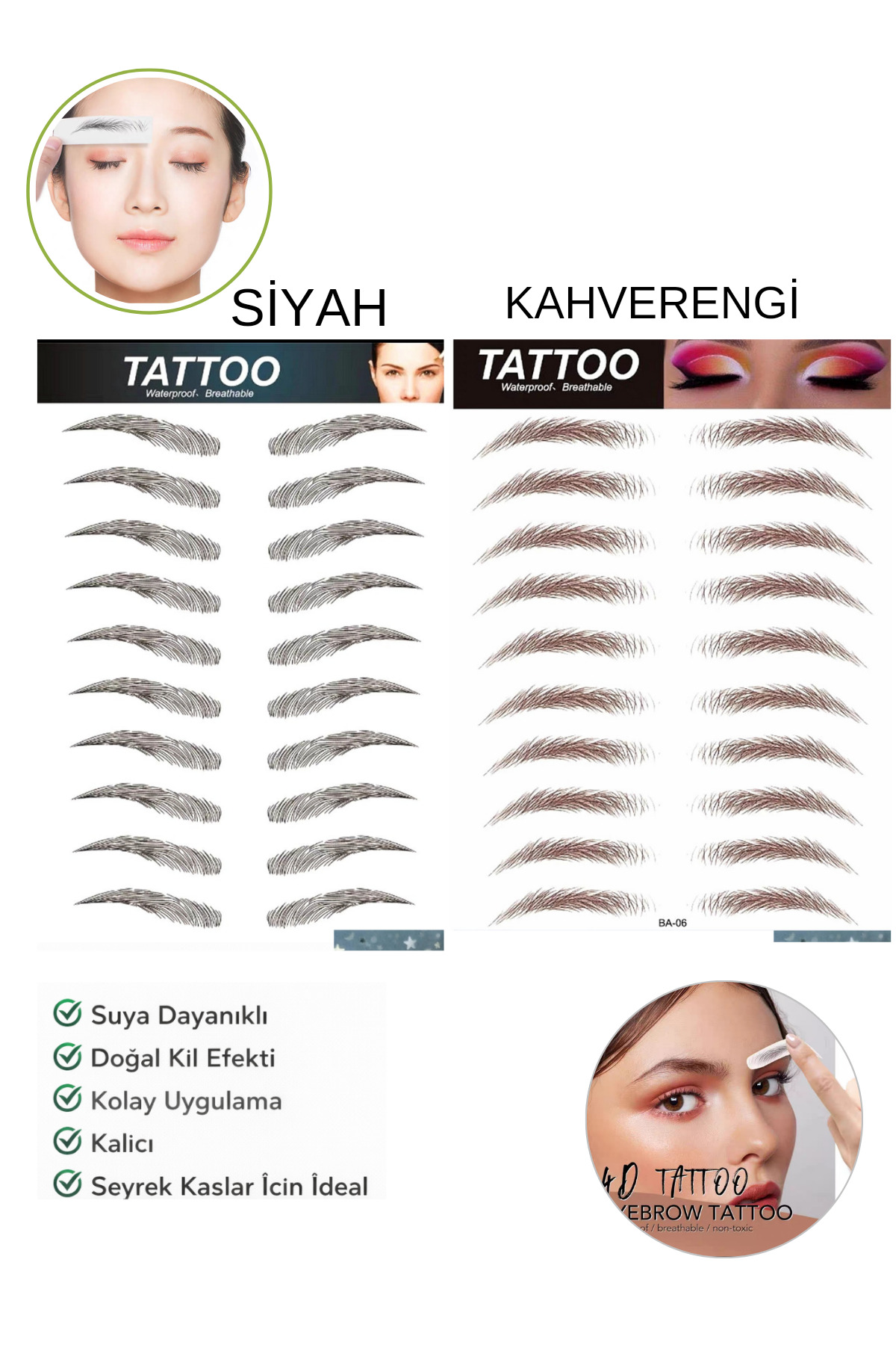 Lesvip's Suya Dayanıklı Kaş Dövme Sticker Doğal Görünümlü Kaş Tattoo Siyah+Kahverengi 2'li