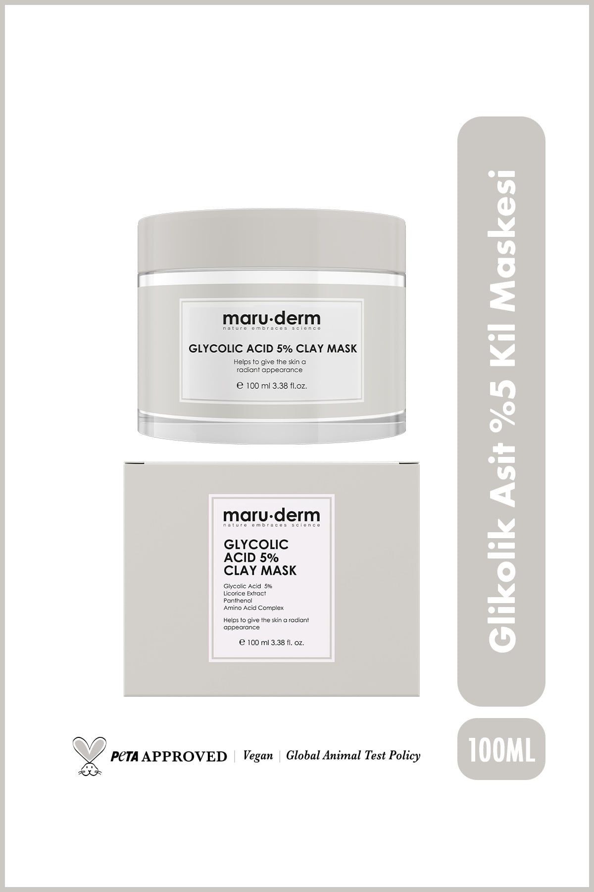 Maru.Derm Glikolik Asit %5 Gözenek Arındırıcı ve Cilt Tonu Eşitleyici Kil Maskesi 100 ML | Vegan