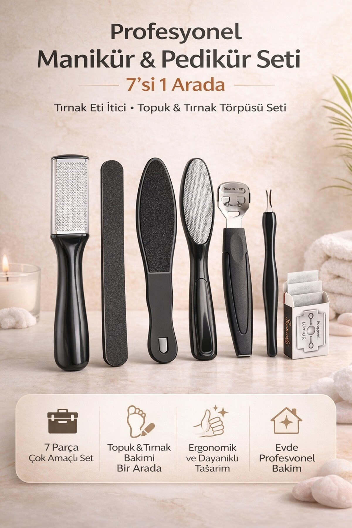 CNGZSHOP Profesyonel Manikür Pedikür Seti Tırnak Eti Itici Tırnak Törpüsü Topuk Törpüsü Set 7 in 1