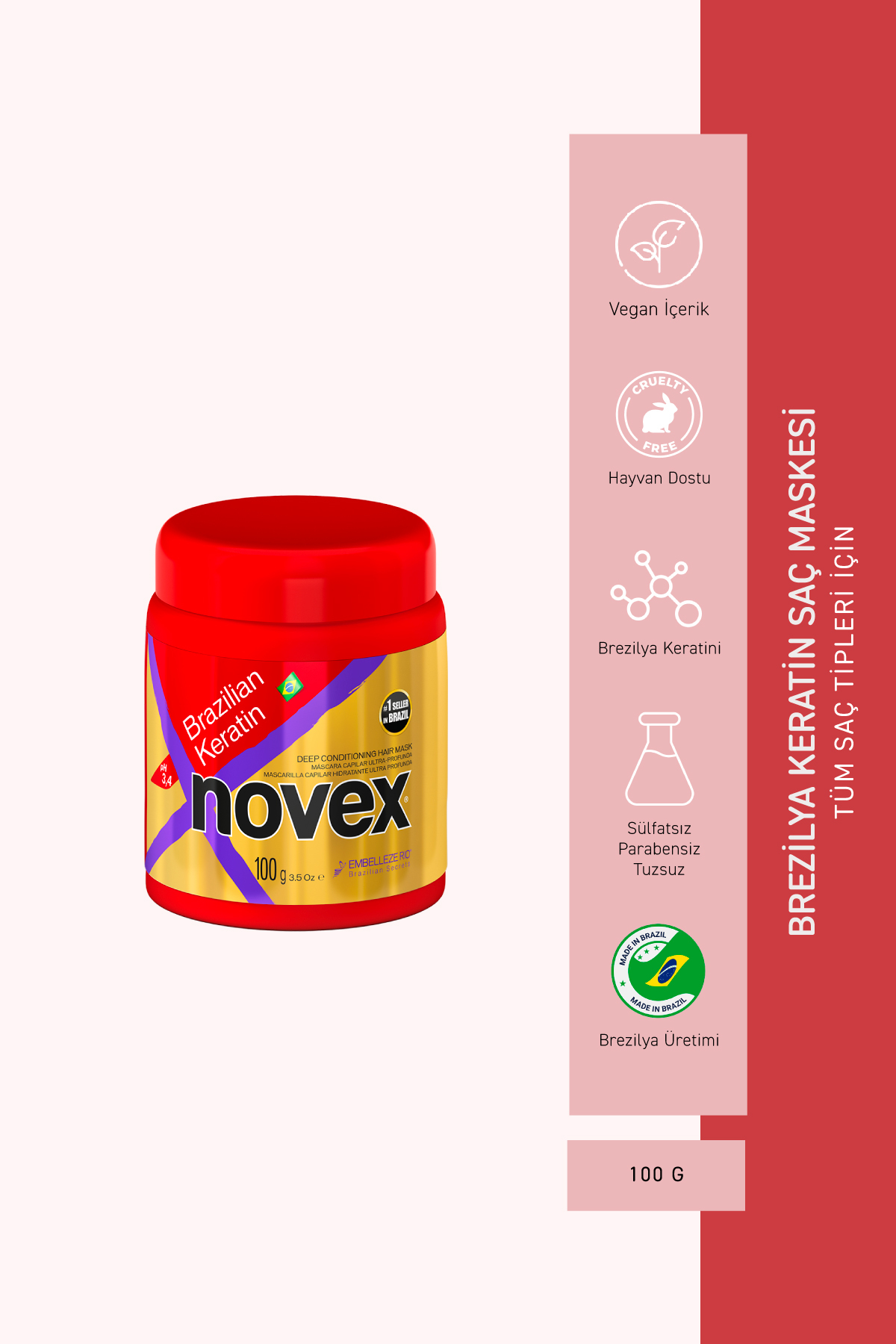 NOVEX Brezilya Keratin - Kurumuş ve Zarar Görmüş Saçlar için Saç Maskesi 100g