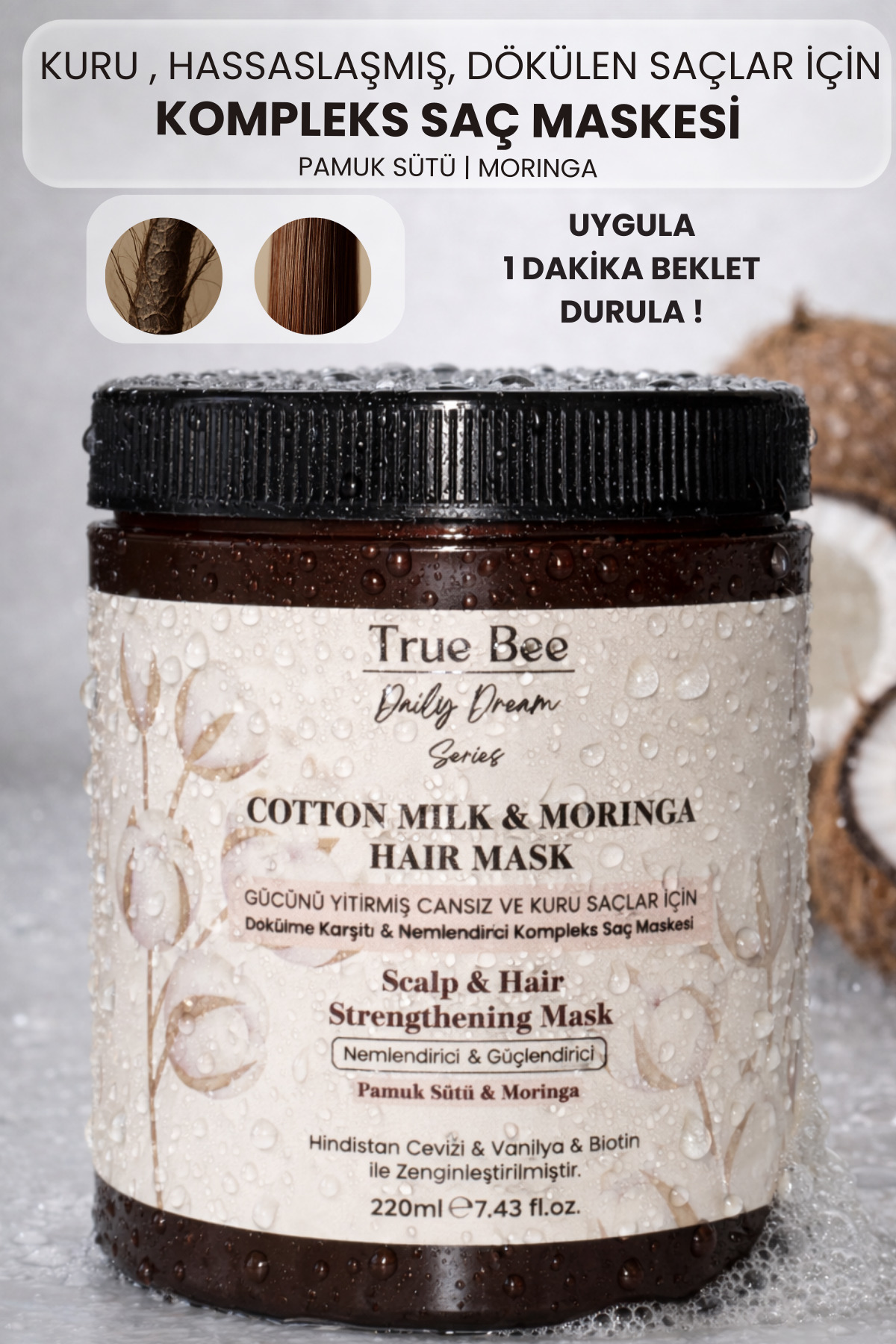 True Bee Anında İpeksi Yumuşaklık Veren Kuru, Hassas, Dökülen Saçlar için Pamuk Sütü & Moringa Saç Maskesi