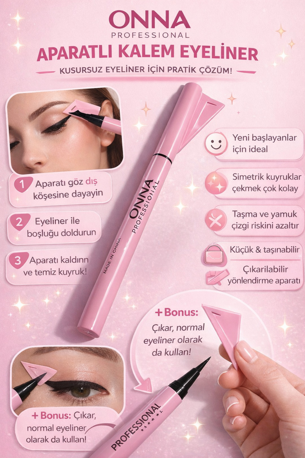 ONNA PROFESSIONAL Eyeliner Çekme Aparatlı Likit Kalem Eyeliner Pembe Ambalaj