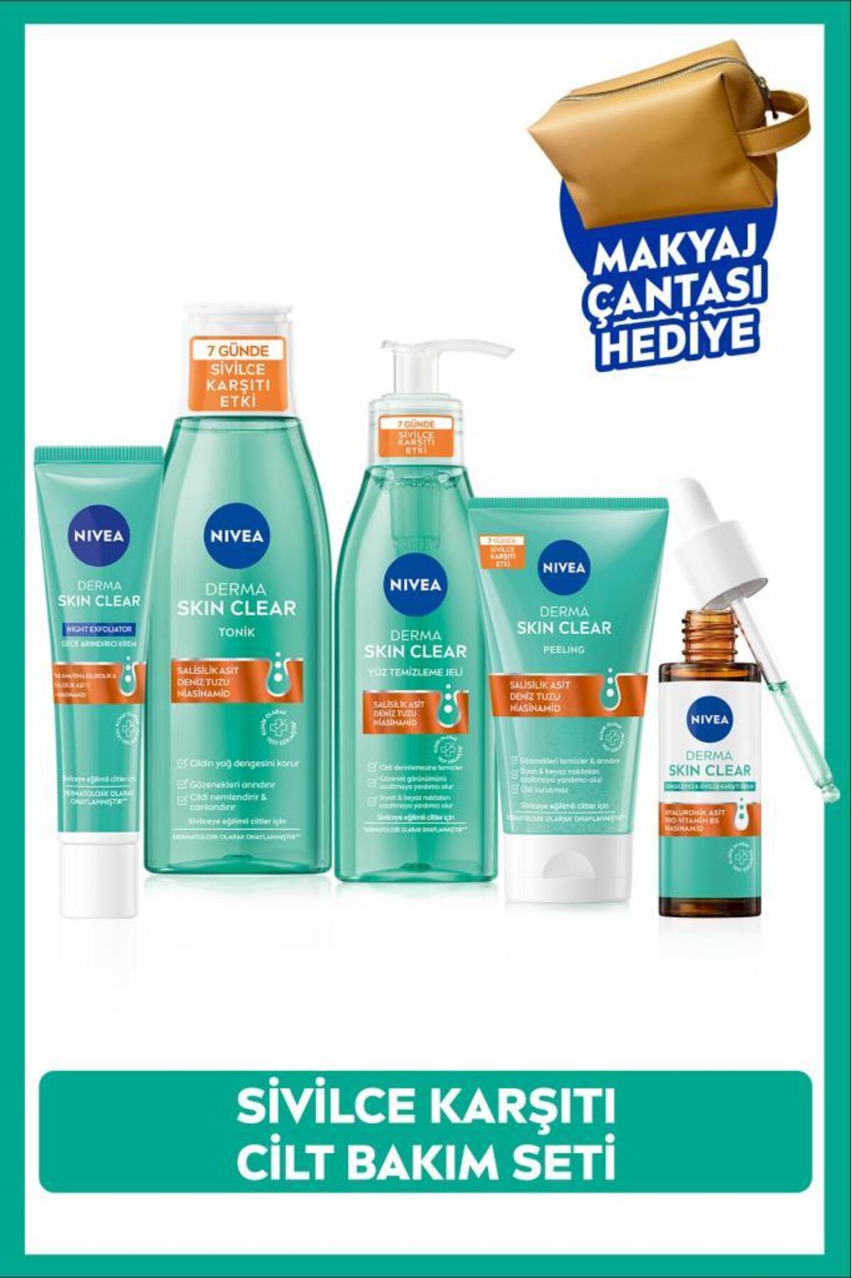NIVEA Derma Skin Clear Karşıtı Set, Serum, Yüz Temizleme Jeli,Tonik, Peeling, Gece Kremi ve Çanta
