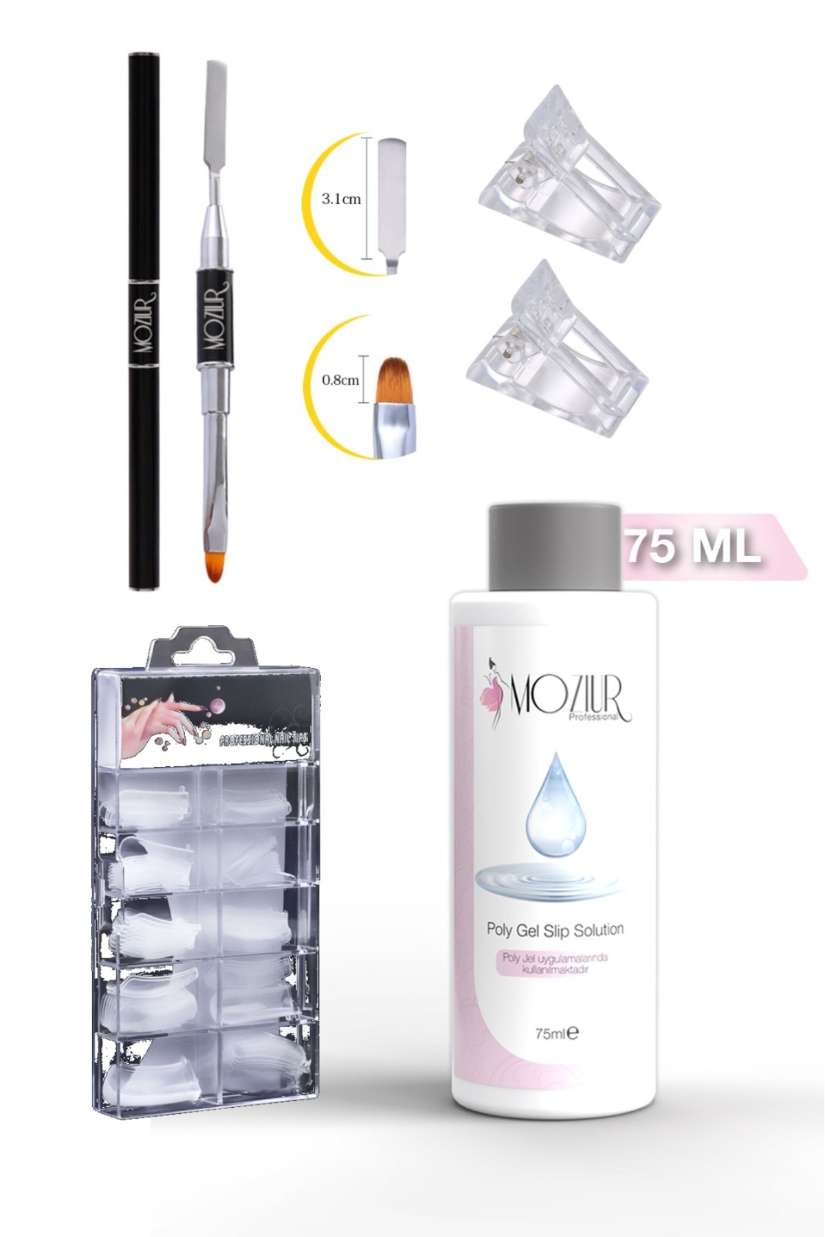MOZIUR Poly Jel Kiti – 75 ml Poly Jel Solüsyon + Dual Form Tips + Poly Jel Fırçası