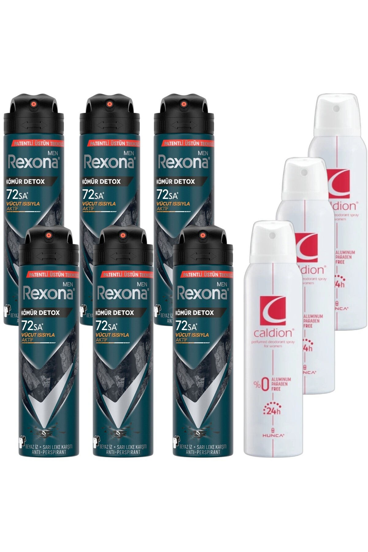 Rexona Men Erkek Sprey Deodorant Kömür Detox 150 ml 6 Adet + Caldion Kadın Deodorant 150ml 3 adet