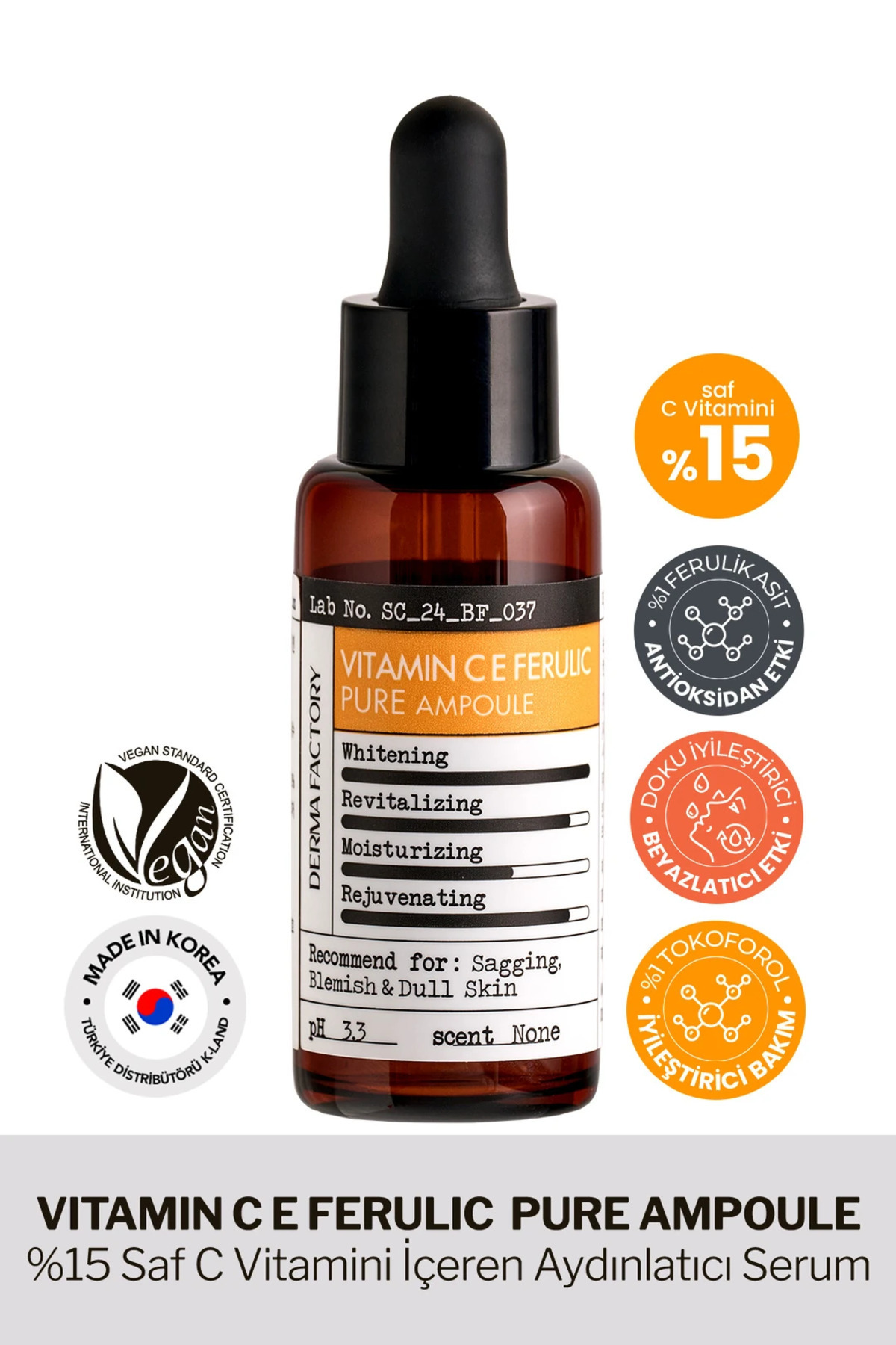 DERMA FACTORY %15 Saf C Vitamini İçeren Aydınlatıcı Serum Pure Vitamin C E Ferulic Ampoule