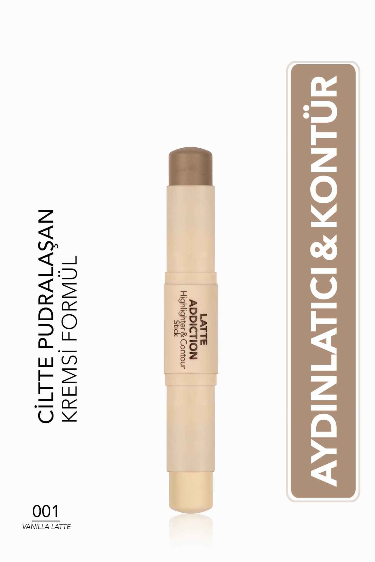 Flormar Latte Doğal Işıltılı Kremsi Yapılı Çift Taraflı Aydınlatıcı & Kontür Stick - 001 Vanilla Latte