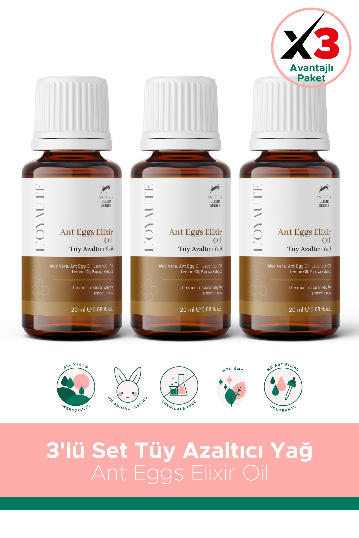 LOYAUTE Karınca Yumurtası Yağlı Tüy Azaltıcı Etkili & Papaya Özlü Ant Eggs Elixir Oil 20 ml 3'lü Set