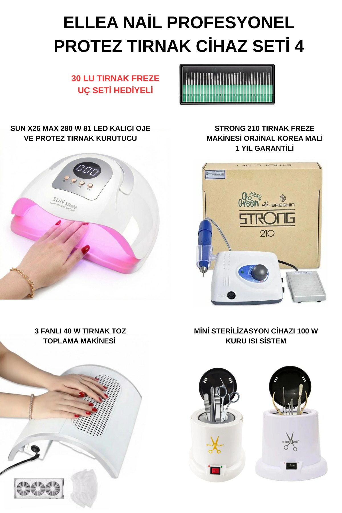 Strong Protez Tırnak Cihaz Seti 210 & Tırnak Toz Toplama & x26 Max UV 81 LED & Mini Sterilizatör