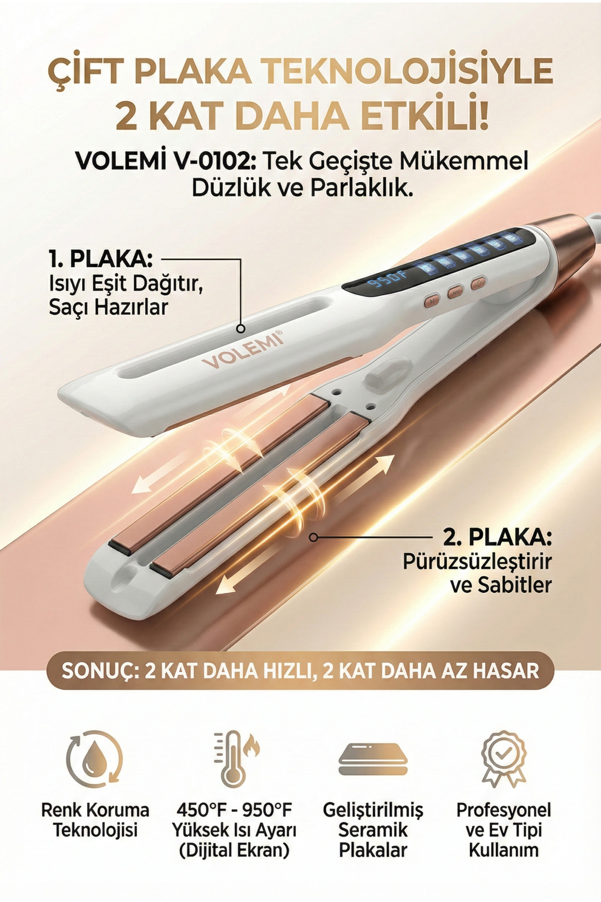 VOLEMİ V-0102 Profesyonel Seramik Çift Plaka Saç Düzleştirici 11 farklı ısı Ayarlı Renk Koruma Teknolojisi