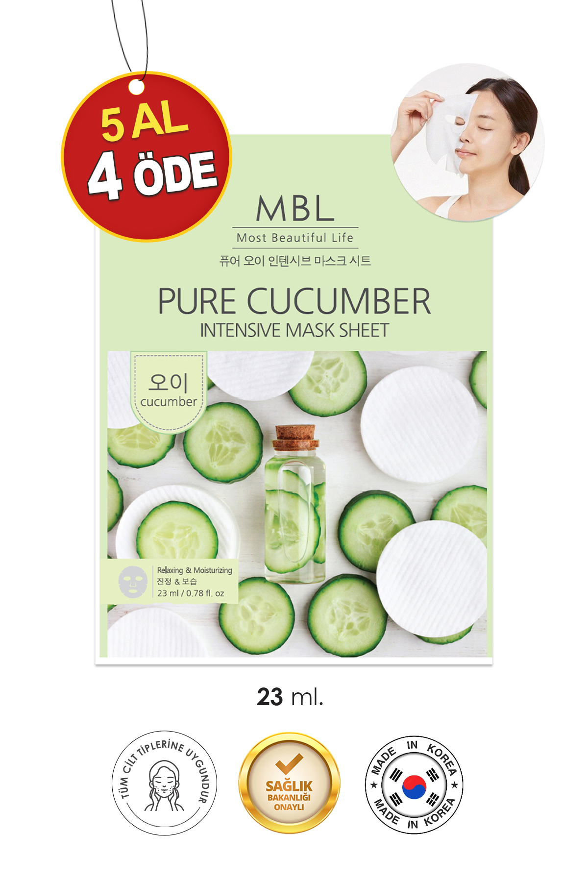 MBL Teresia MBL Pure Cucumber Intensive Mask Sheet – Salatalık Özlü Yatıştırıcı ve Nemlendirici Kağıt Maske 23ml